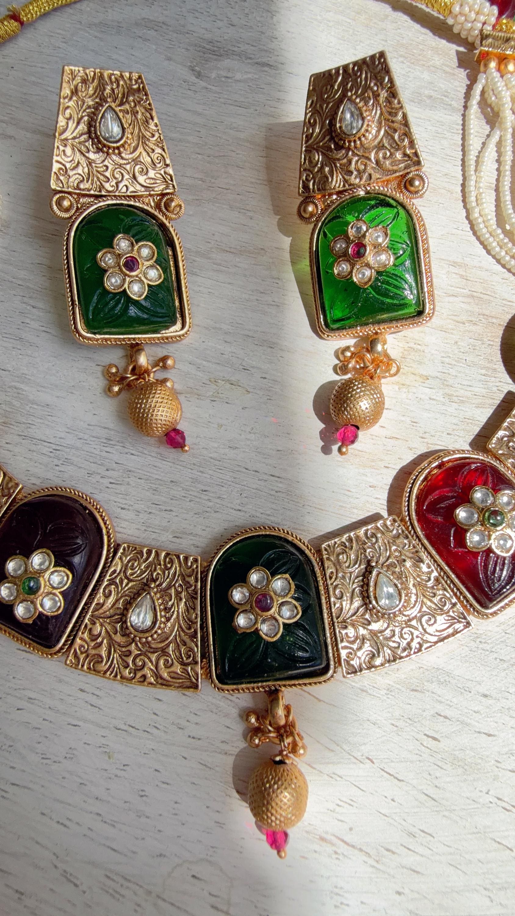 Traditional Kundan Statement Green Necklace Set/Indian Bridal Jewelry/Gold Finish Wedding Necklace - Heritage