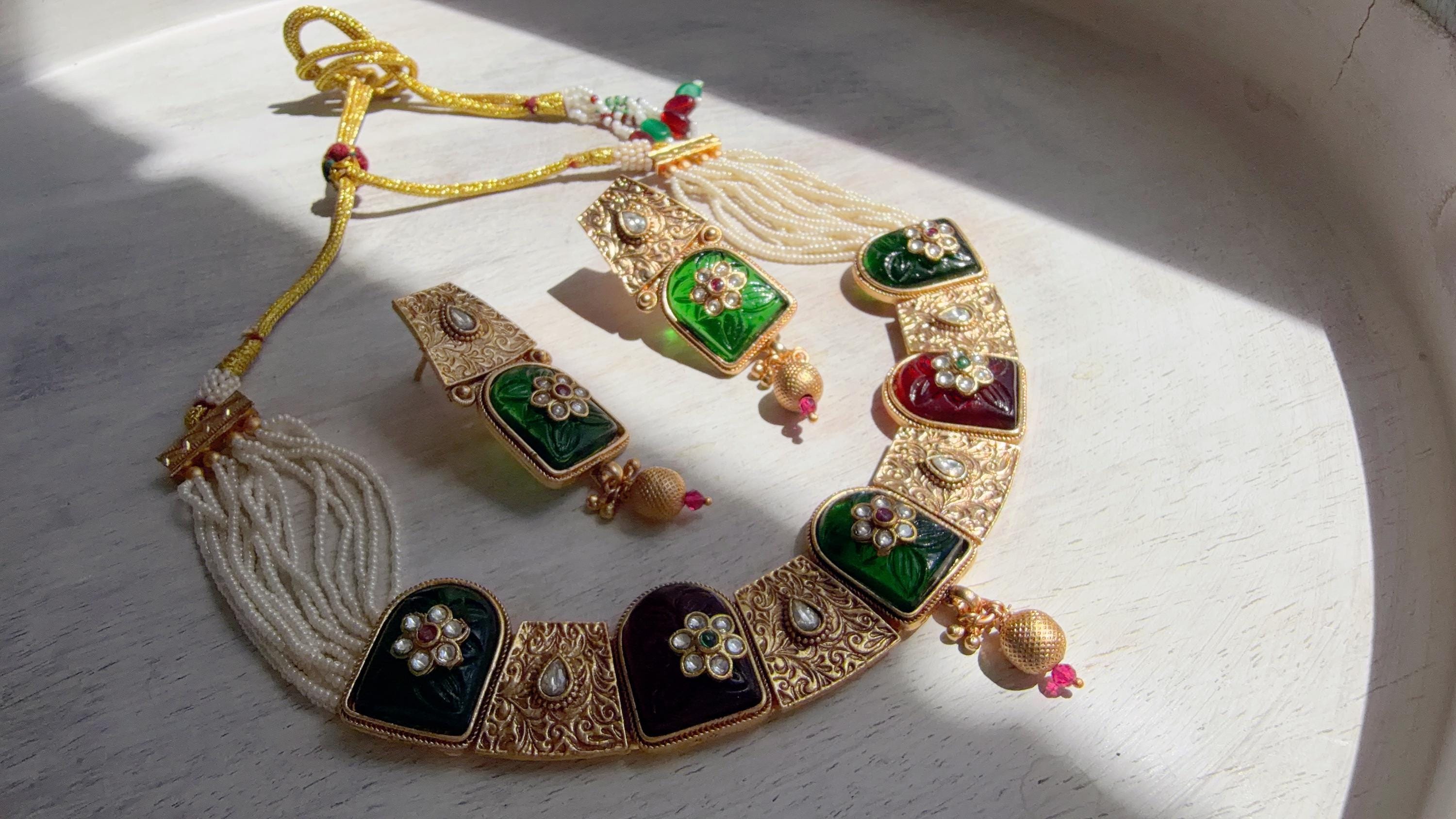 Traditional Kundan Statement Green Necklace Set/Indian Bridal Jewelry/Gold Finish Wedding Necklace - Heritage