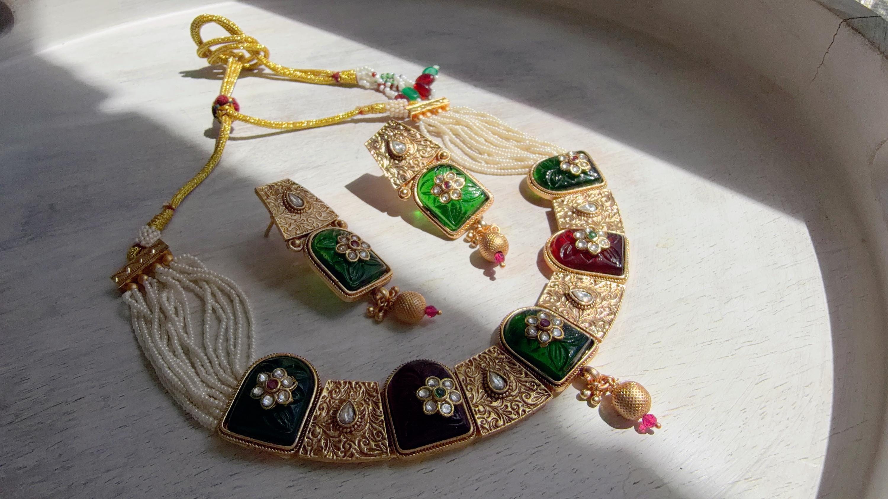 Traditional Kundan Statement Green Necklace Set/Indian Bridal Jewelry/Gold Finish Wedding Necklace - Heritage