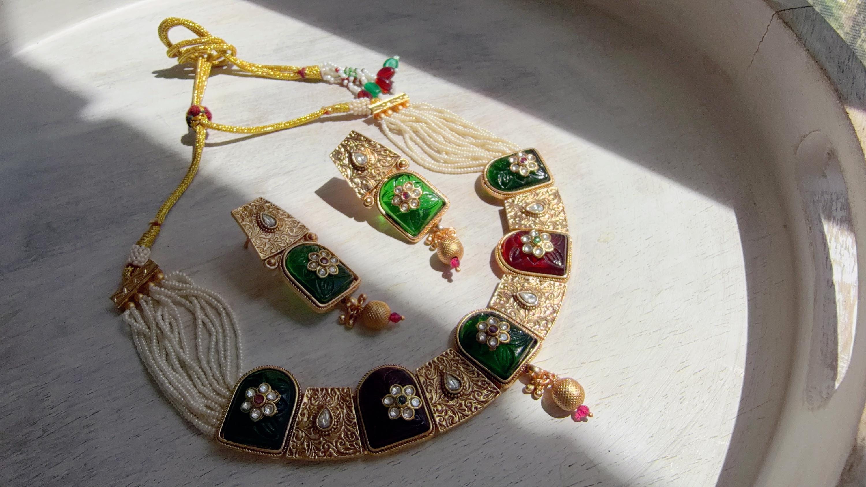 Traditional Kundan Statement Green Necklace Set/Indian Bridal Jewelry/Gold Finish Wedding Necklace - Heritage