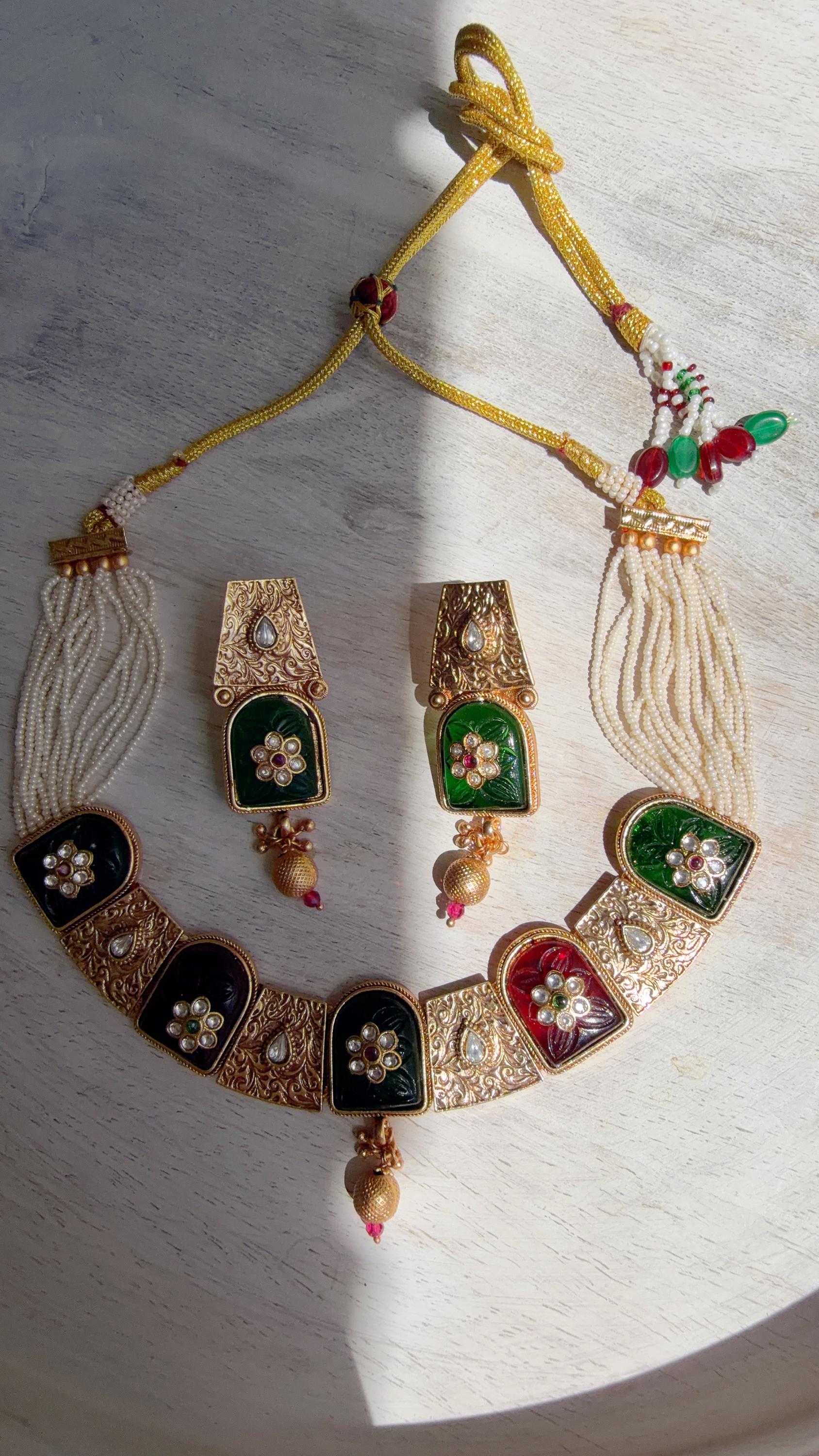 Traditional Kundan Statement Green Necklace Set/Indian Bridal Jewelry/Gold Finish Wedding Necklace - Heritage