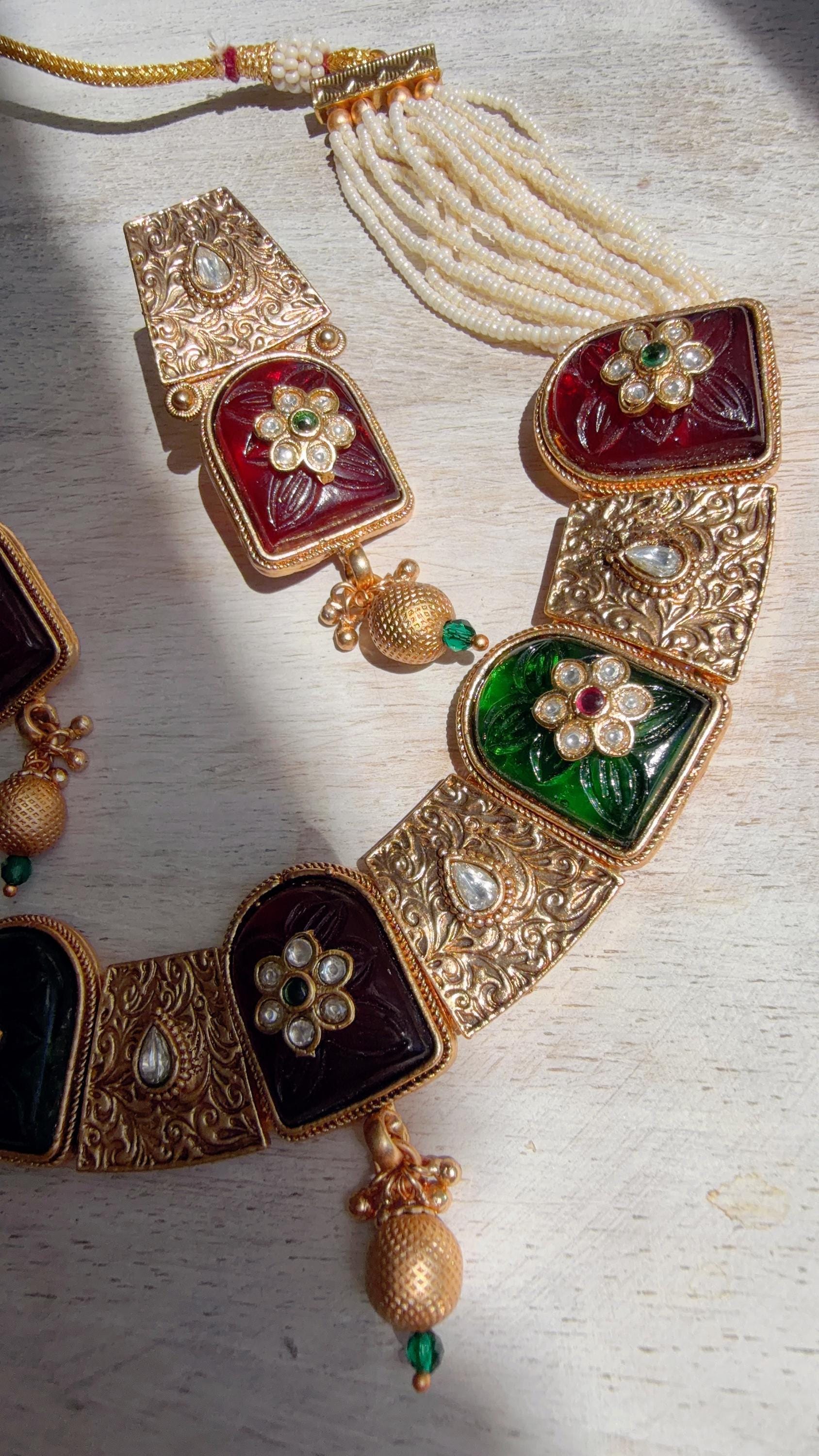Traditional Kundan Statement Ruby Necklace Set/Indian Bridal Jewelry/Gold Finish Wedding Necklace - Heritage