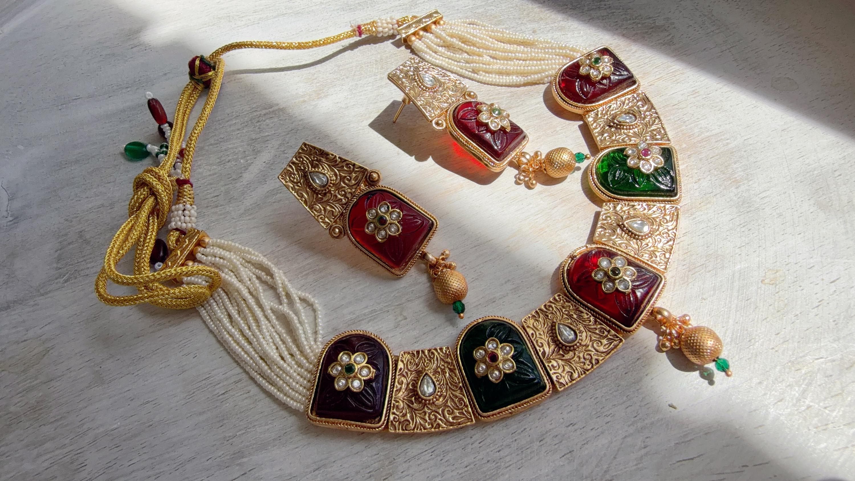Traditional Kundan Statement Ruby Necklace Set/Indian Bridal Jewelry/Gold Finish Wedding Necklace - Heritage