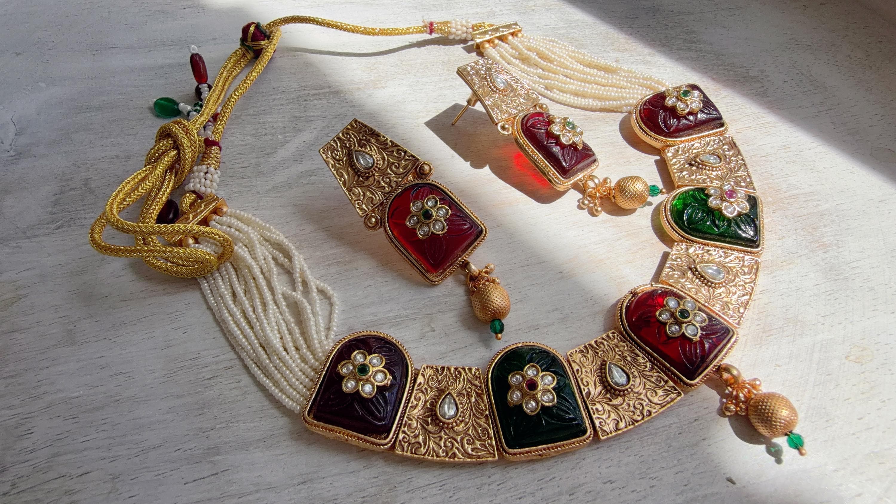Traditional Kundan Statement Ruby Necklace Set/Indian Bridal Jewelry/Gold Finish Wedding Necklace - Heritage