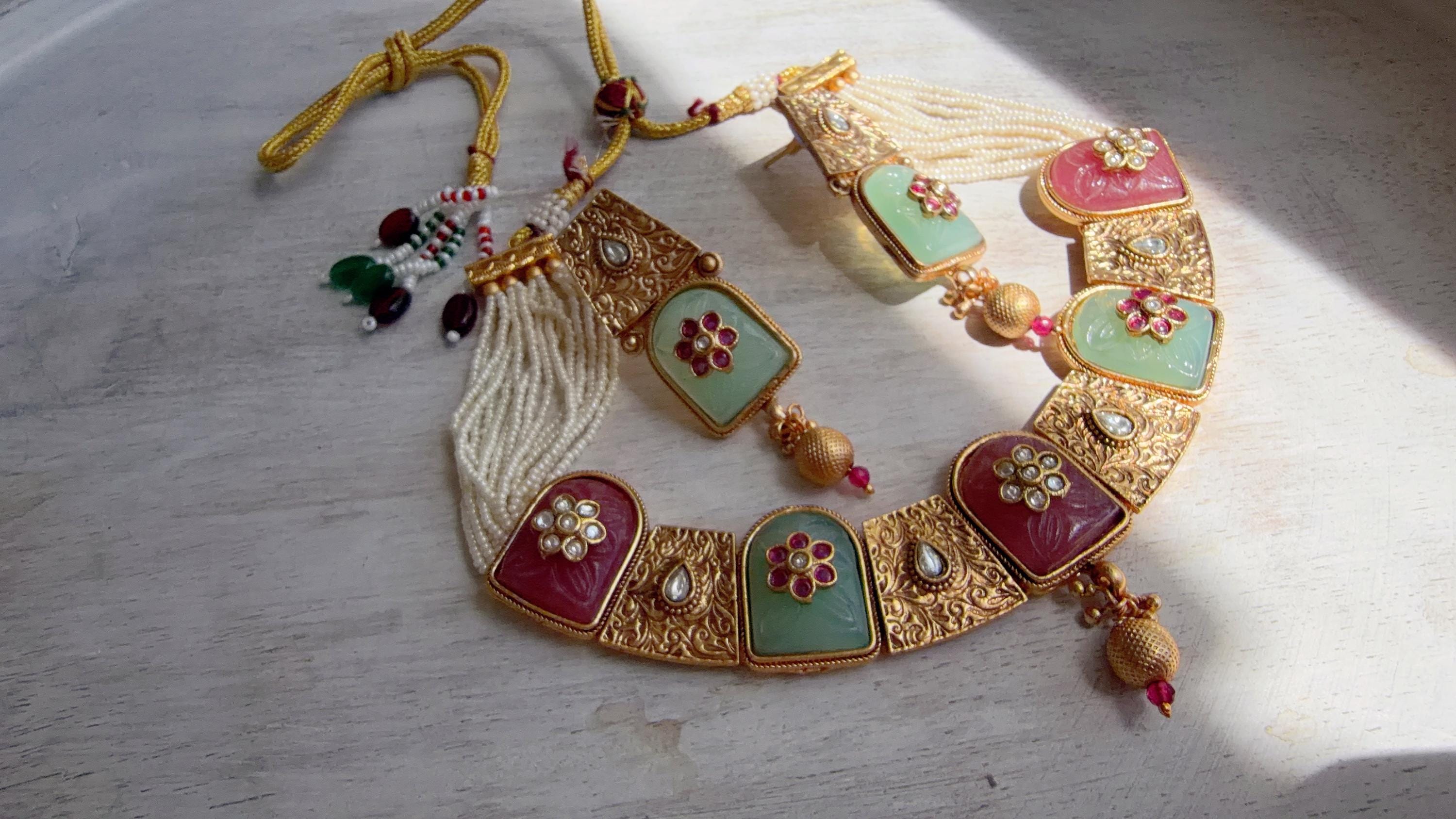 Traditional Kundan Statement Mint Pink Necklace Set/Indian Bridal Jewelry/Gold Finish Wedding Necklace - Heritage
