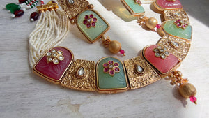 Traditional Kundan Statement Mint Pink Necklace Set/Indian Bridal Jewelry/Gold Finish Wedding Necklace - Heritage