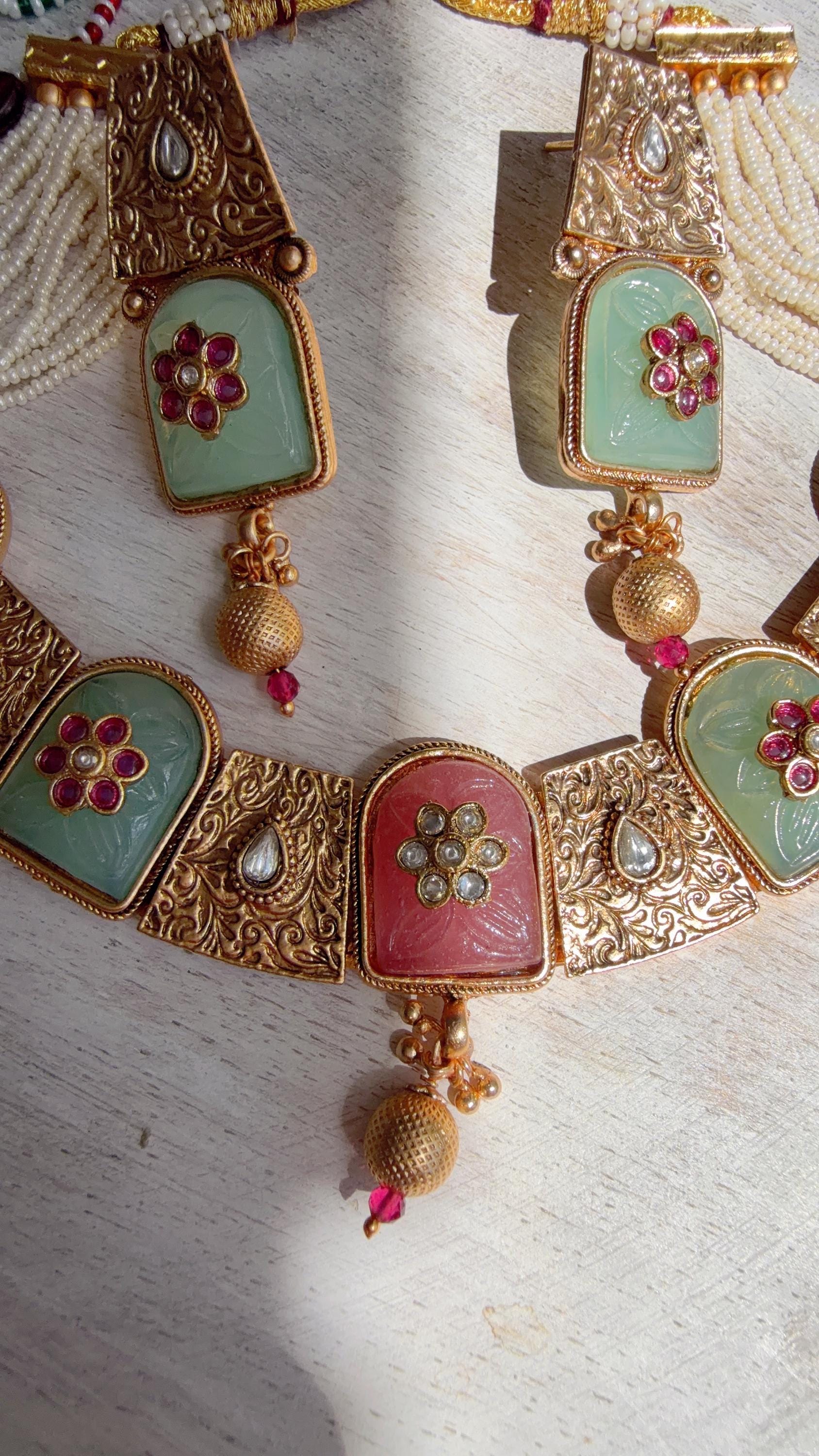Traditional Kundan Statement Mint Pink Necklace Set/Indian Bridal Jewelry/Gold Finish Wedding Necklace - Heritage