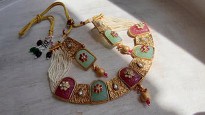 Traditional Kundan Statement Mint Pink Necklace Set/Indian Bridal Jewelry/Gold Finish Wedding Necklace - Heritage