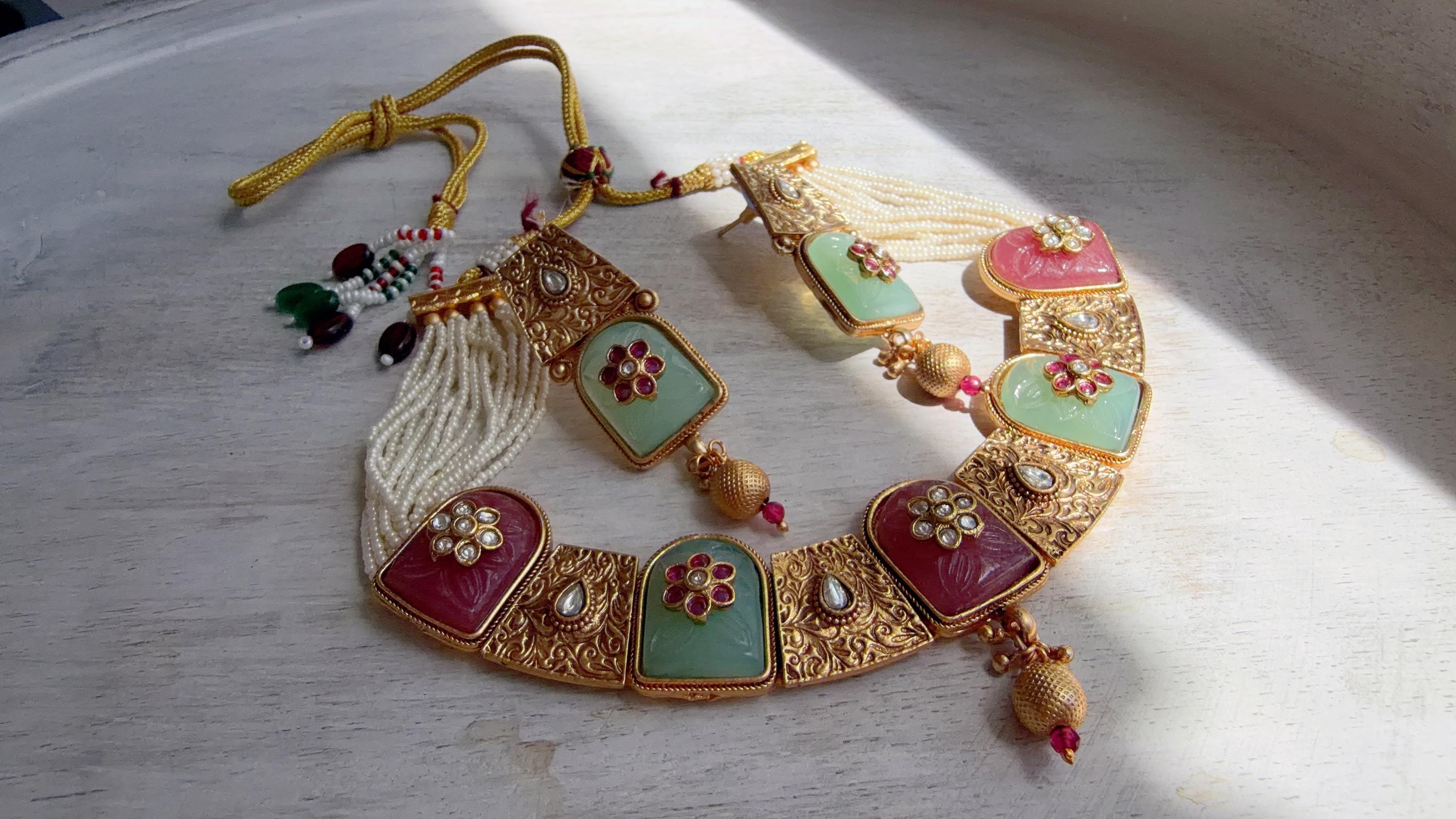 Traditional Kundan Statement Mint Pink Necklace Set/Indian Bridal Jewelry/Gold Finish Wedding Necklace - Heritage
