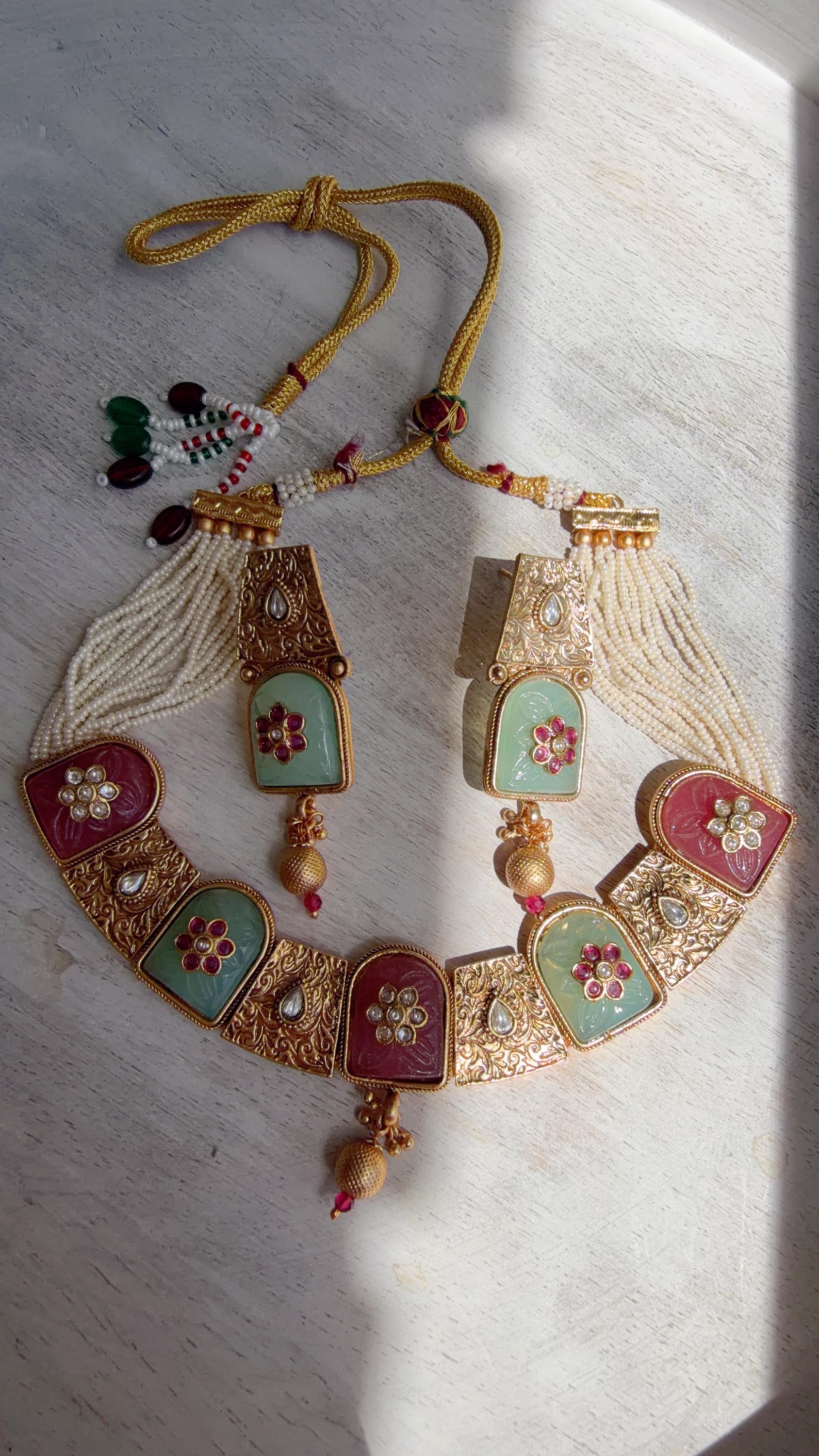Traditional Kundan Statement Mint Pink Necklace Set/Indian Bridal Jewelry/Gold Finish Wedding Necklace - Heritage