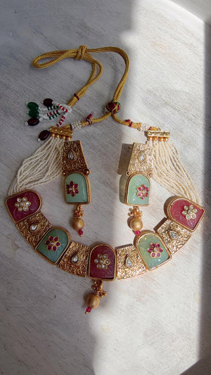 Traditional Kundan Statement Mint Pink Necklace Set/Indian Bridal Jewelry/Gold Finish Wedding Necklace - Heritage
