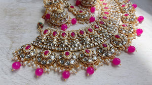 Semi Bridal Rani Pink Kundan Necklace Set with Long Chandbali Earrings and Maang Tikka | Indian Wedding Jewelry | Bridal Jewelry Manpreet