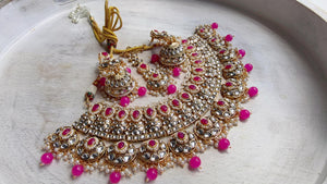 Semi Bridal Rani Pink Kundan Necklace Set with Long Chandbali Earrings and Maang Tikka | Indian Wedding Jewelry | Bridal Jewelry Manpreet