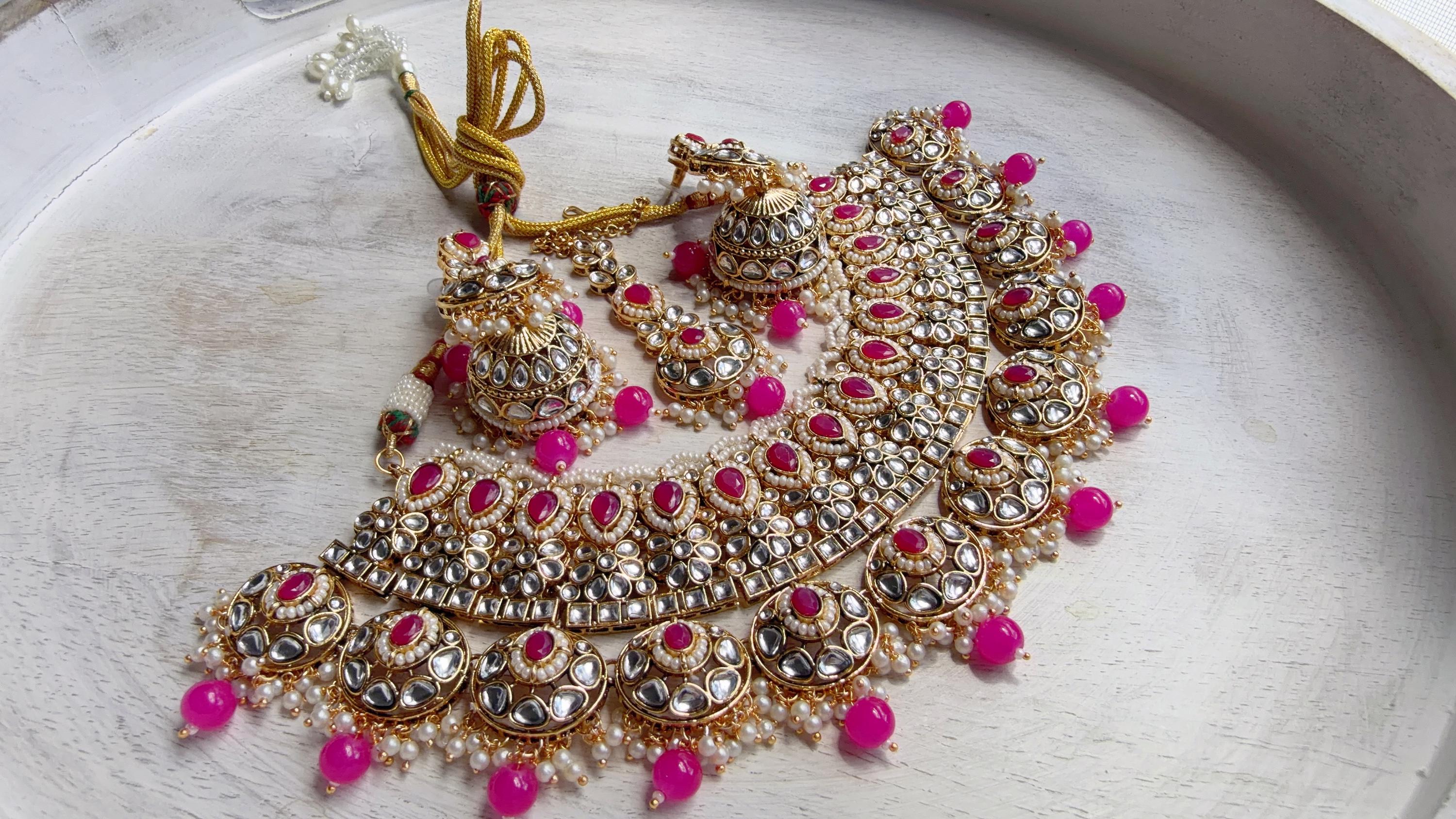 Semi Bridal Rani Pink Kundan Necklace Set with Long Chandbali Earrings and Maang Tikka | Indian Wedding Jewelry | Bridal Jewelry Manpreet