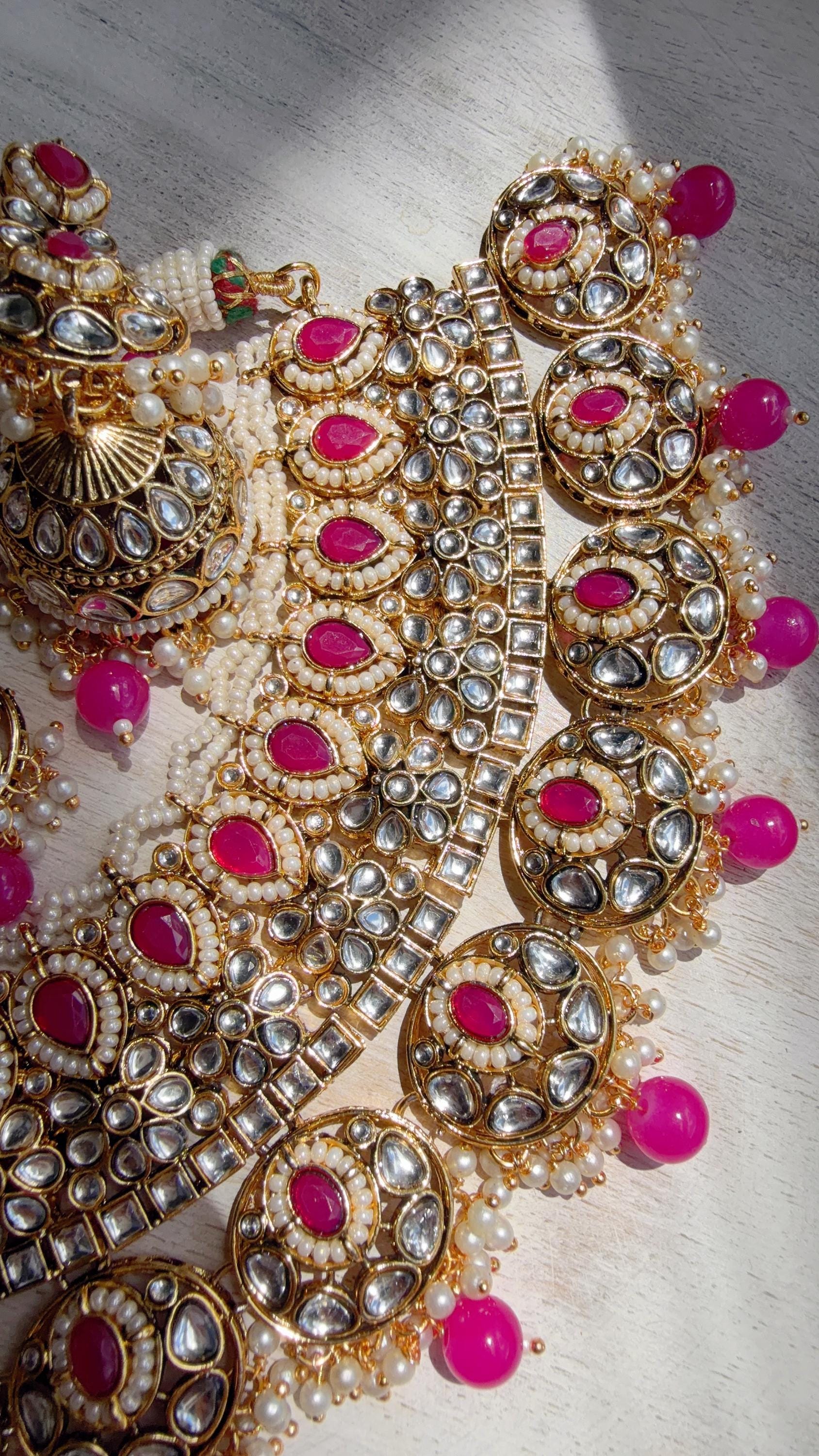 Semi Bridal Rani Pink Kundan Necklace Set with Long Chandbali Earrings and Maang Tikka | Indian Wedding Jewelry | Bridal Jewelry Manpreet