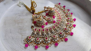 Semi Bridal Rani Pink Kundan Necklace Set with Long Chandbali Earrings and Maang Tikka | Indian Wedding Jewelry | Bridal Jewelry Manpreet