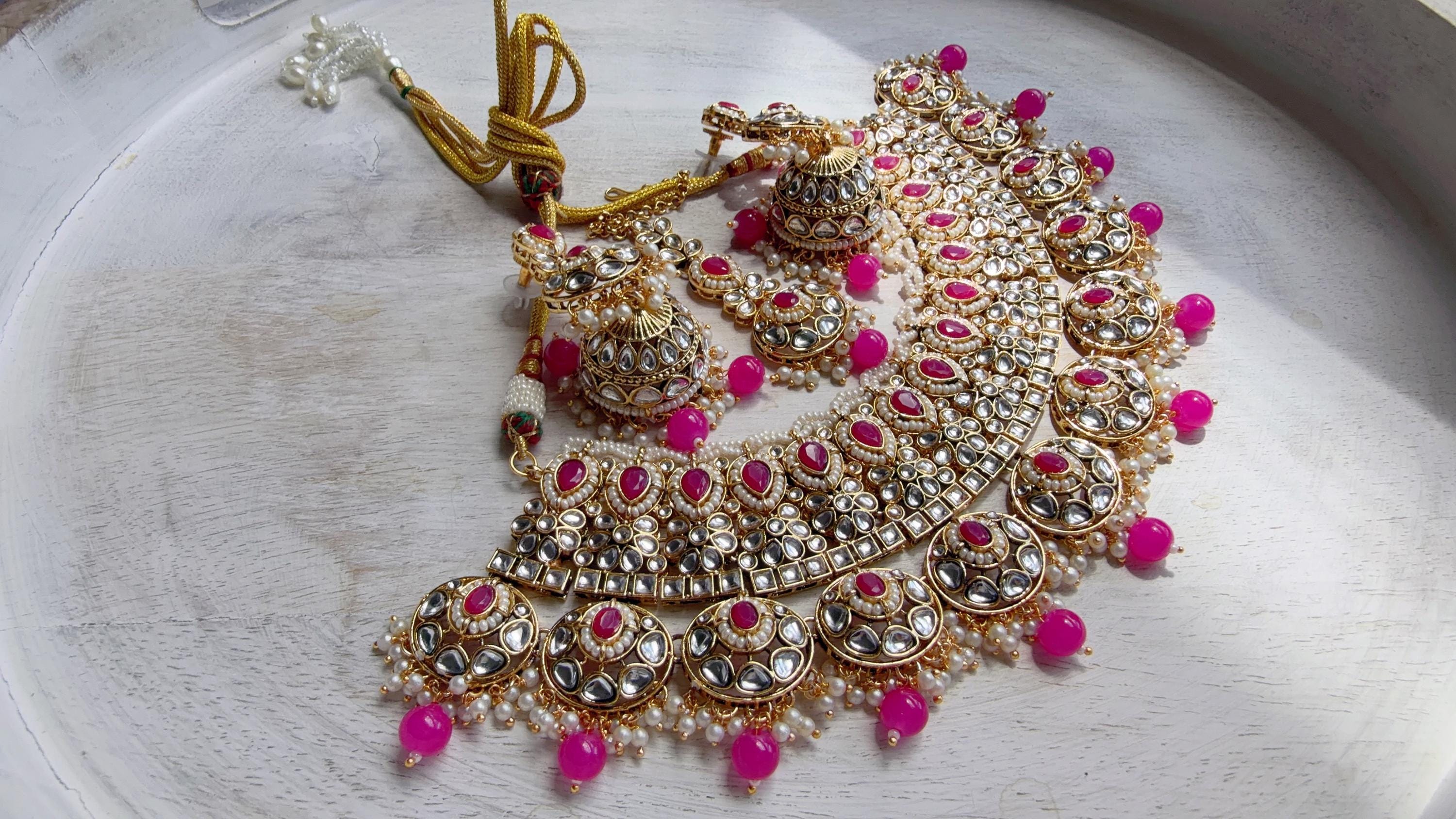 Semi Bridal Rani Pink Kundan Necklace Set with Long Chandbali Earrings and Maang Tikka | Indian Wedding Jewelry | Bridal Jewelry Manpreet