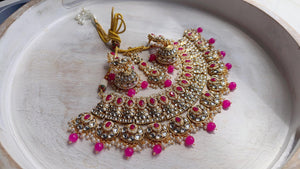 Semi Bridal Rani Pink Kundan Necklace Set with Long Chandbali Earrings and Maang Tikka | Indian Wedding Jewelry | Bridal Jewelry Manpreet