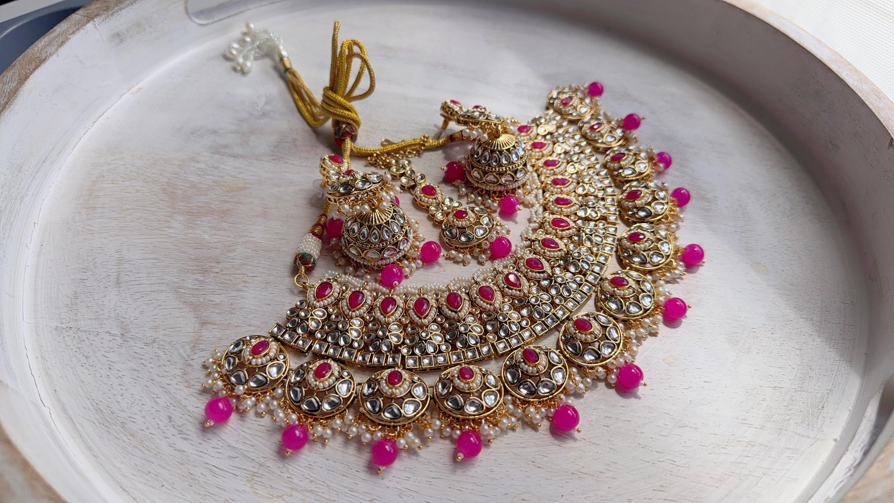 Semi Bridal Rani Pink Kundan Necklace Set with Long Chandbali Earrings and Maang Tikka | Indian Wedding Jewelry | Bridal Jewelry Manpreet
