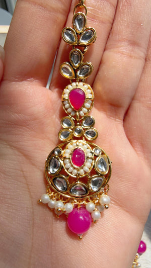 Semi Bridal Rani Pink Kundan Necklace Set with Long Chandbali Earrings and Maang Tikka | Indian Wedding Jewelry | Bridal Jewelry Manpreet