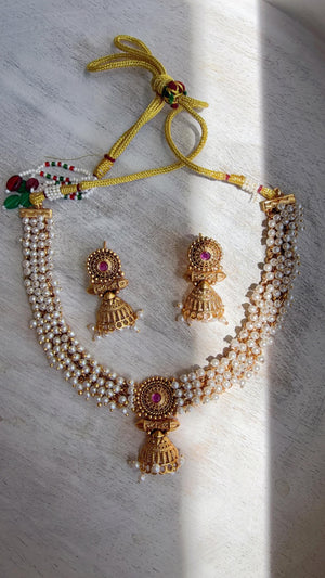 Peacock Pearl Choker Necklace Set | Guttapusalu Temple Jewelry | Rajwadi Antique Gold Indian Bridal Set