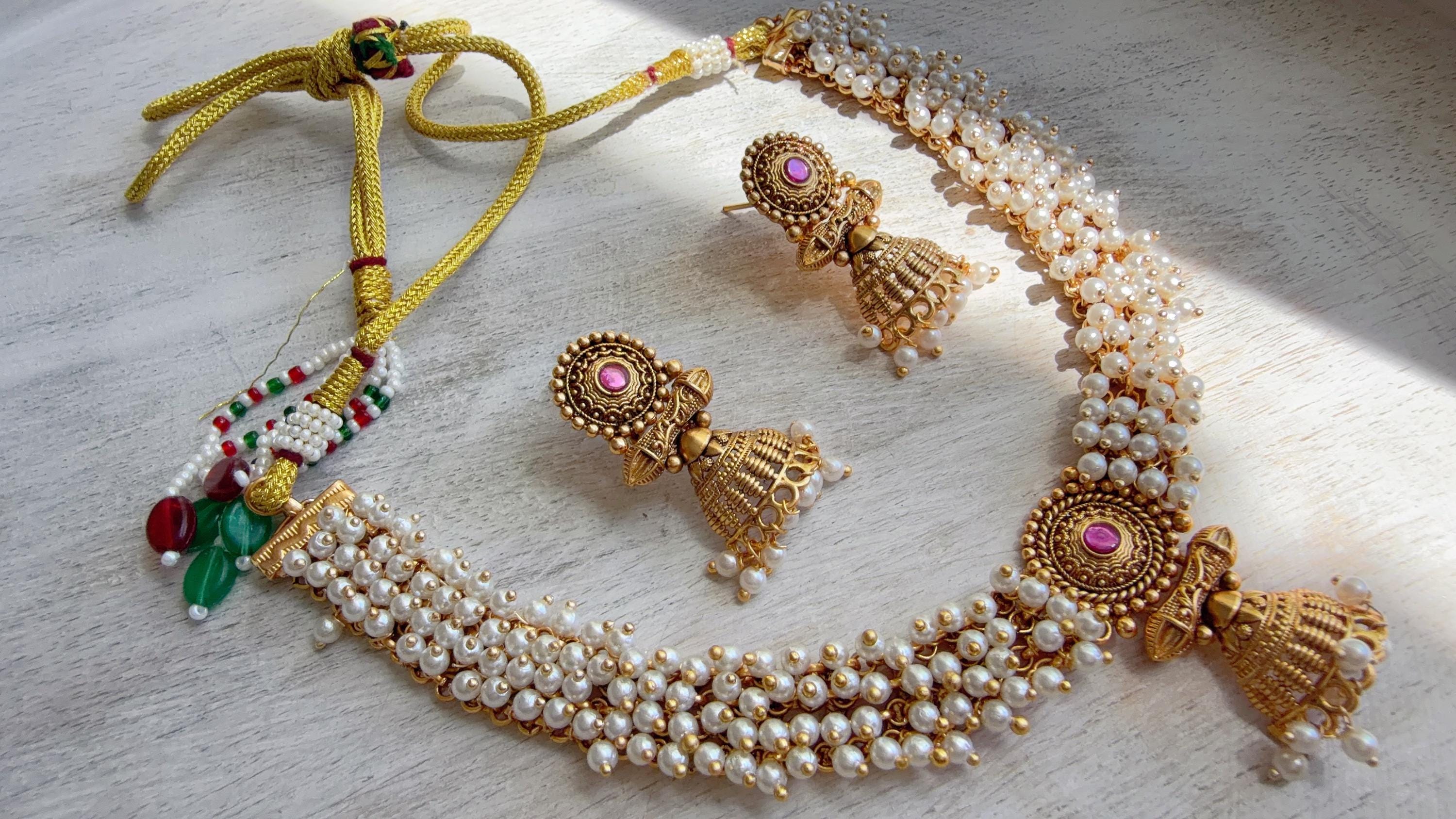 Peacock Pearl Choker Necklace Set | Guttapusalu Temple Jewelry | Rajwadi Antique Gold Indian Bridal Set