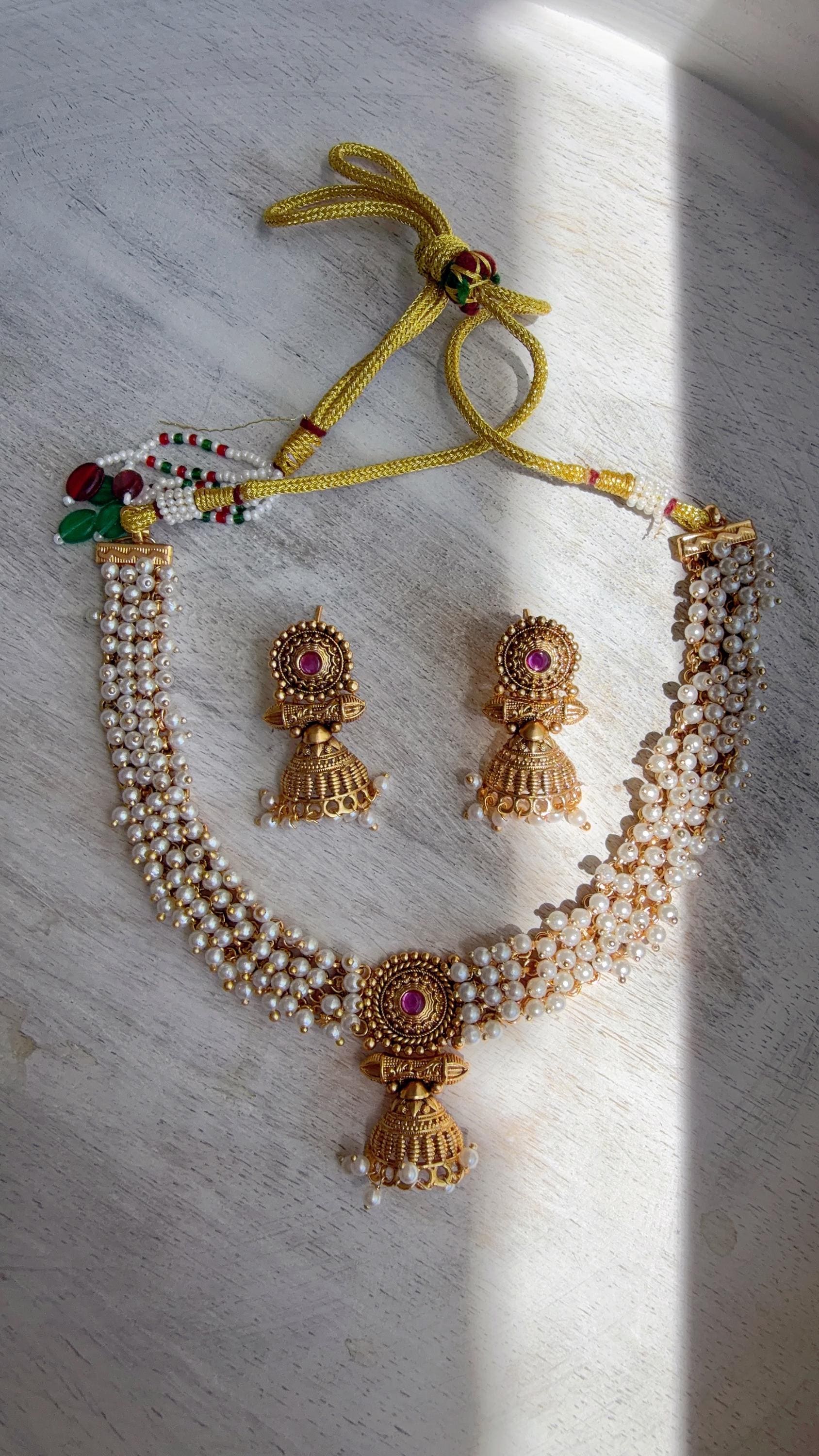 Peacock Pearl Choker Necklace Set | Guttapusalu Temple Jewelry | Rajwadi Antique Gold Indian Bridal Set