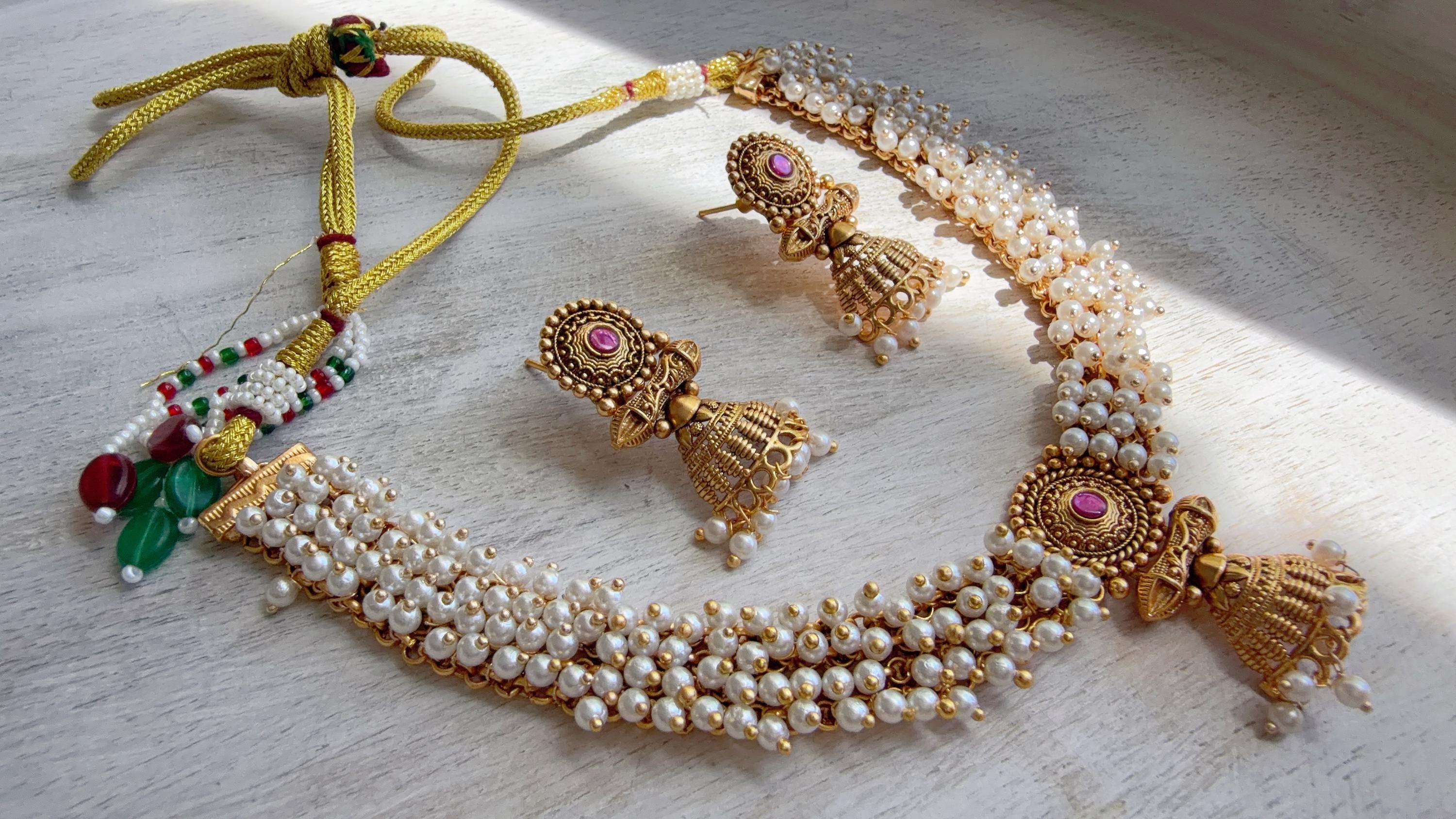 Peacock Pearl Choker Necklace Set | Guttapusalu Temple Jewelry | Rajwadi Antique Gold Indian Bridal Set