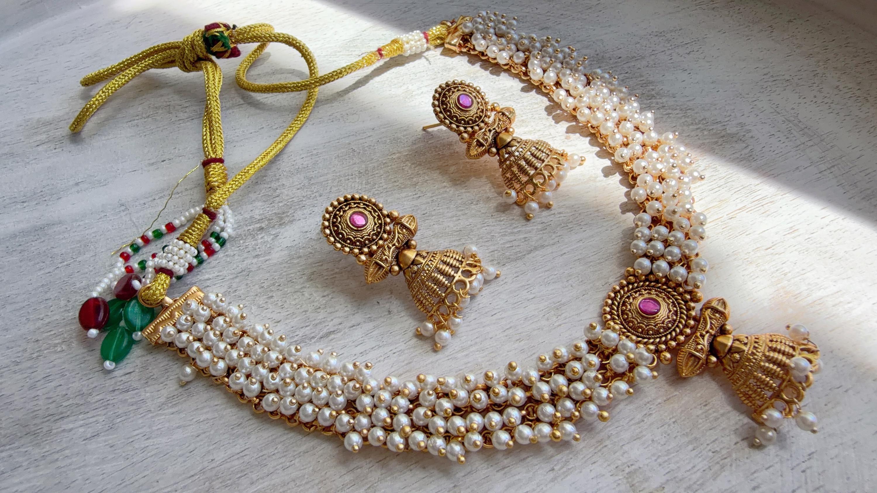 Peacock Pearl Choker Necklace Set | Guttapusalu Temple Jewelry | Rajwadi Antique Gold Indian Bridal Set