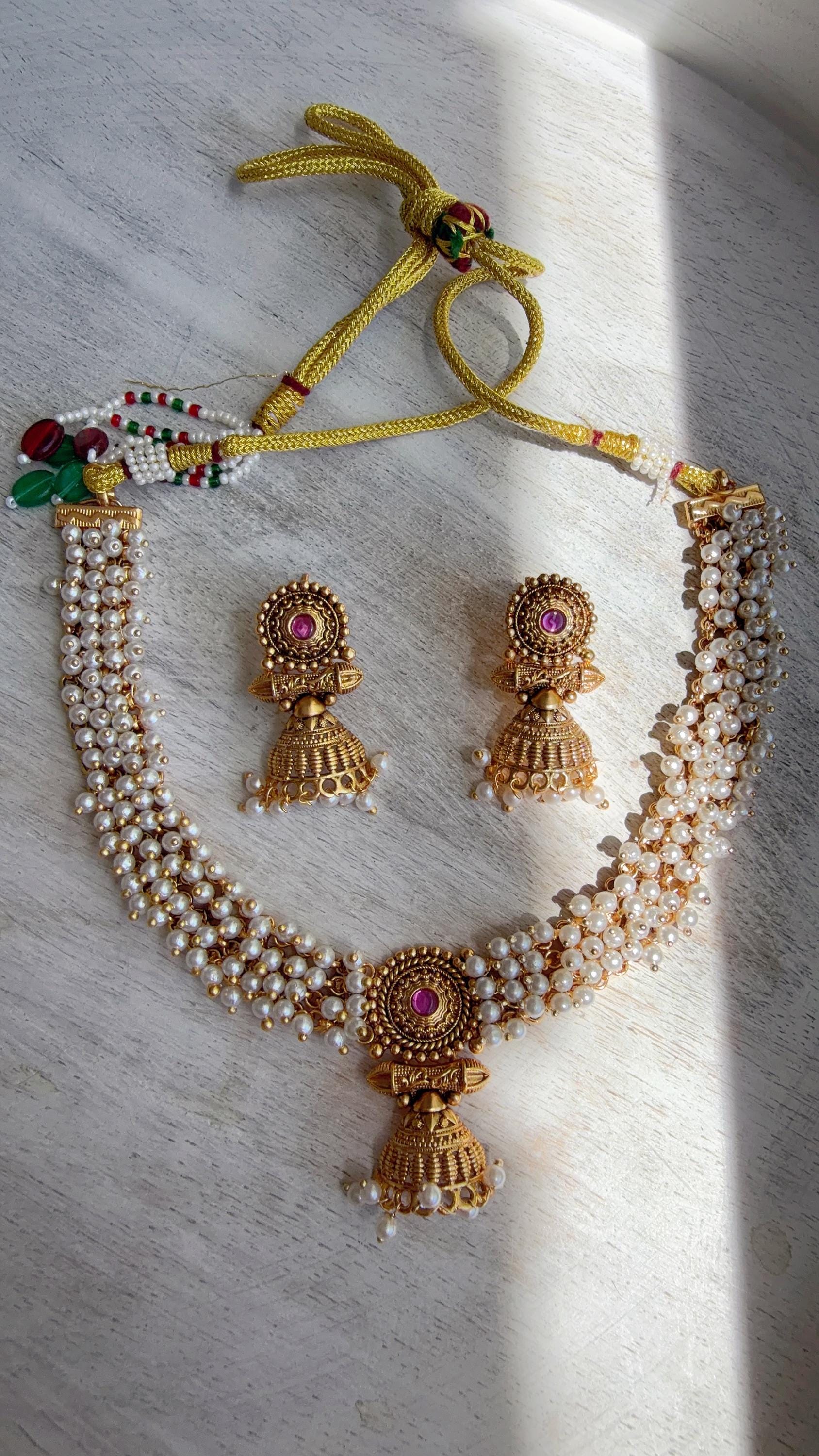 Peacock Pearl Choker Necklace Set | Guttapusalu Temple Jewelry | Rajwadi Antique Gold Indian Bridal Set