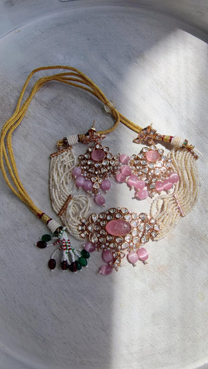 Moissanite Monalisa Turquoise Baby Pink Choker Necklace Set | Kundan Chandbali Bridal Jewelry | Gold Plated Set