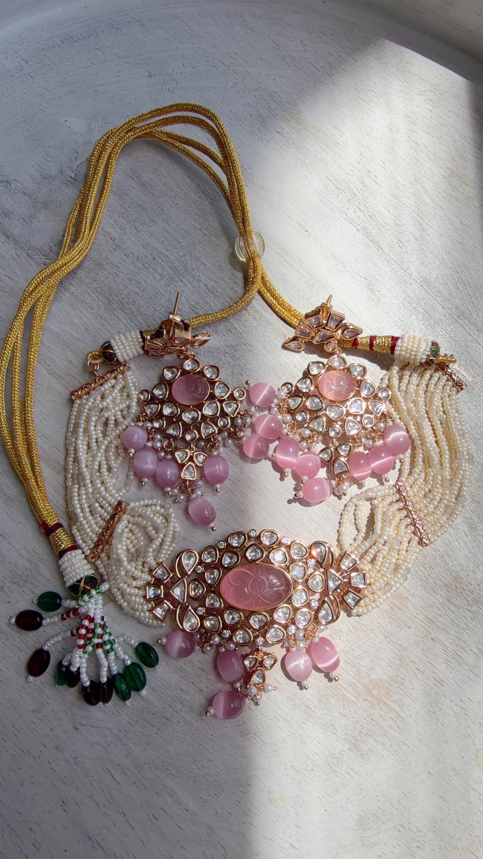 Moissanite Monalisa Turquoise Baby Pink Choker Necklace Set | Kundan Chandbali Bridal Jewelry | Gold Plated Set