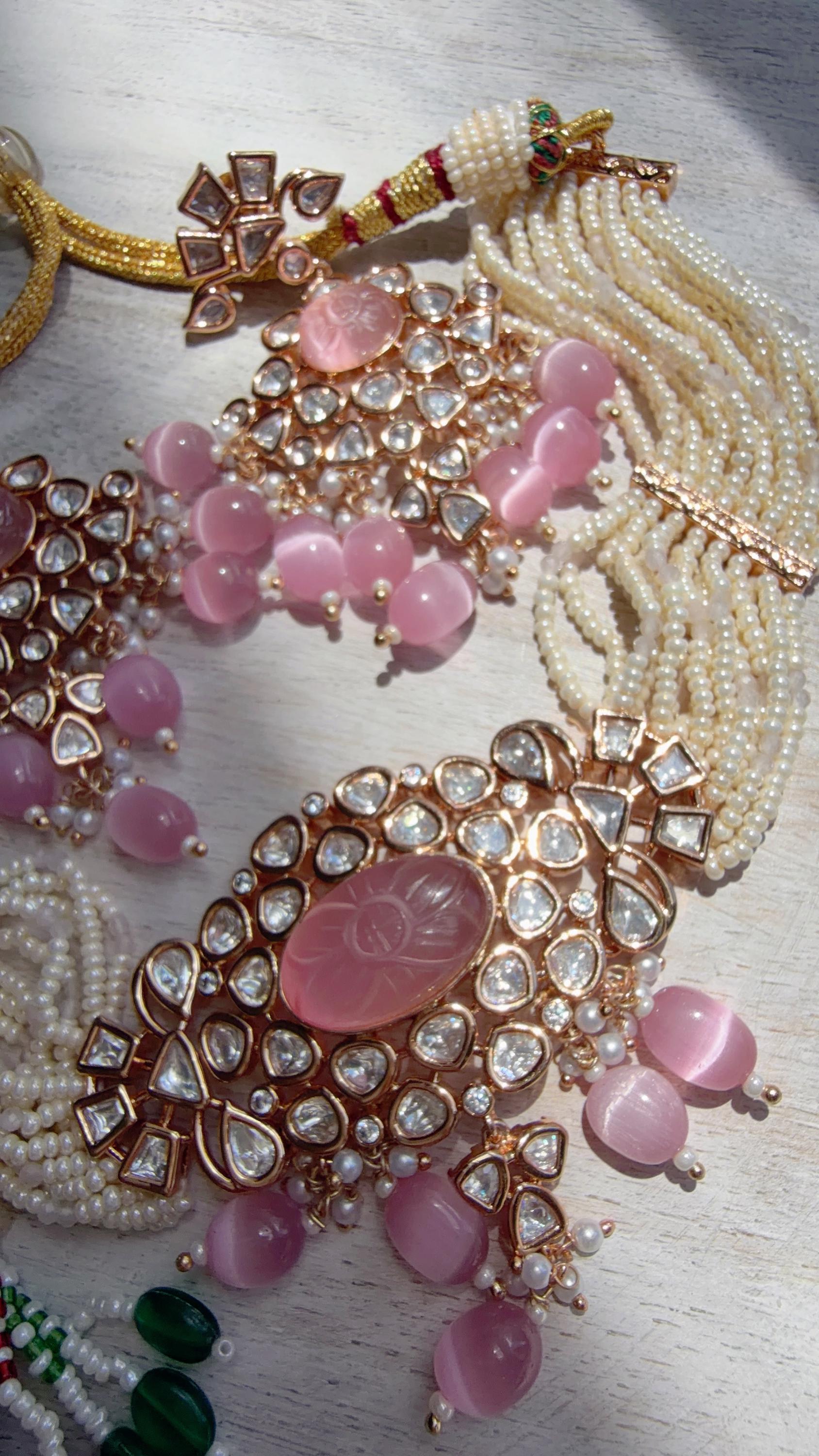 Moissanite Monalisa Turquoise Baby Pink Choker Necklace Set | Kundan Chandbali Bridal Jewelry | Gold Plated Set