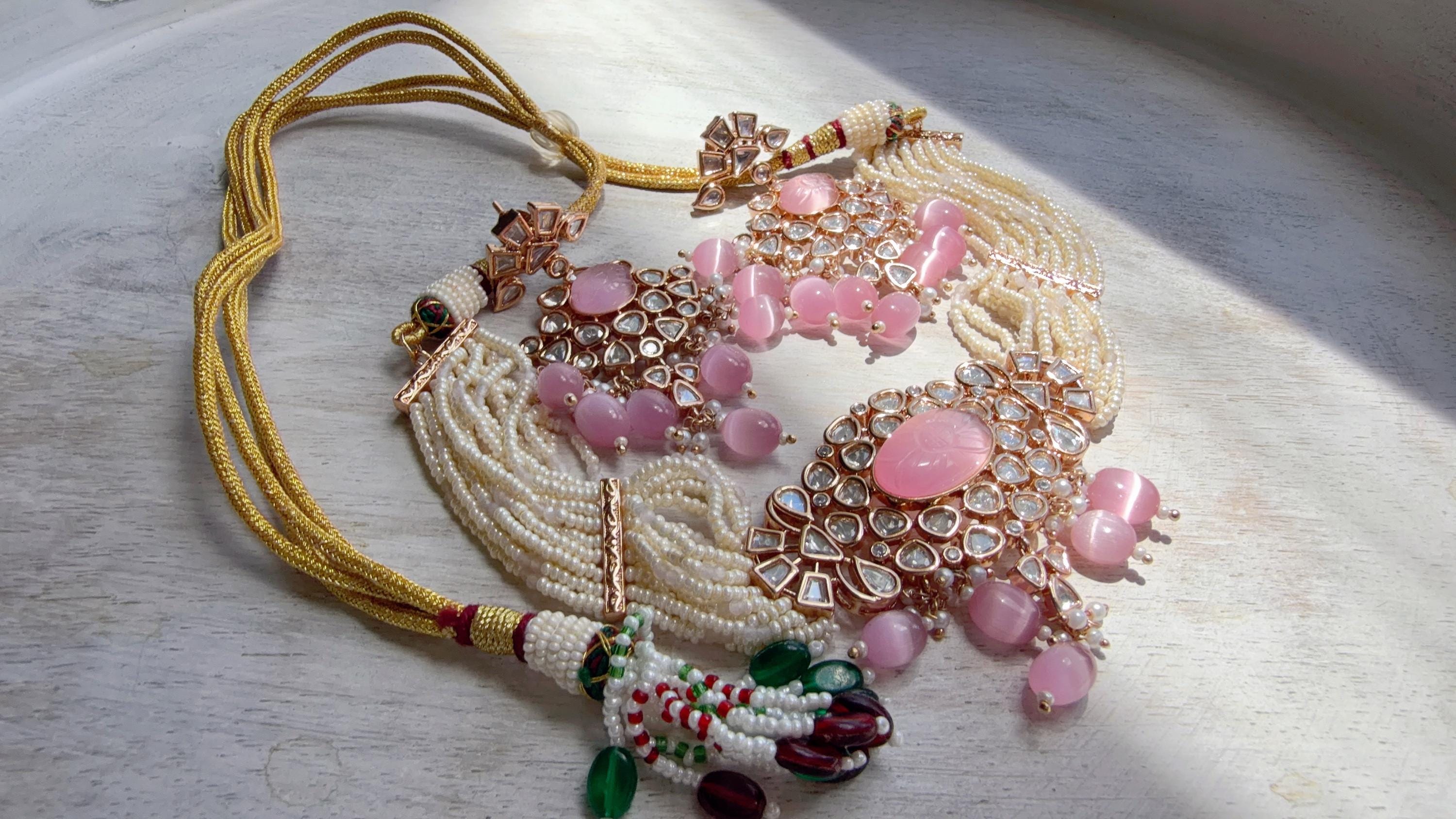 Moissanite Monalisa Turquoise Baby Pink Choker Necklace Set | Kundan Chandbali Bridal Jewelry | Gold Plated Set