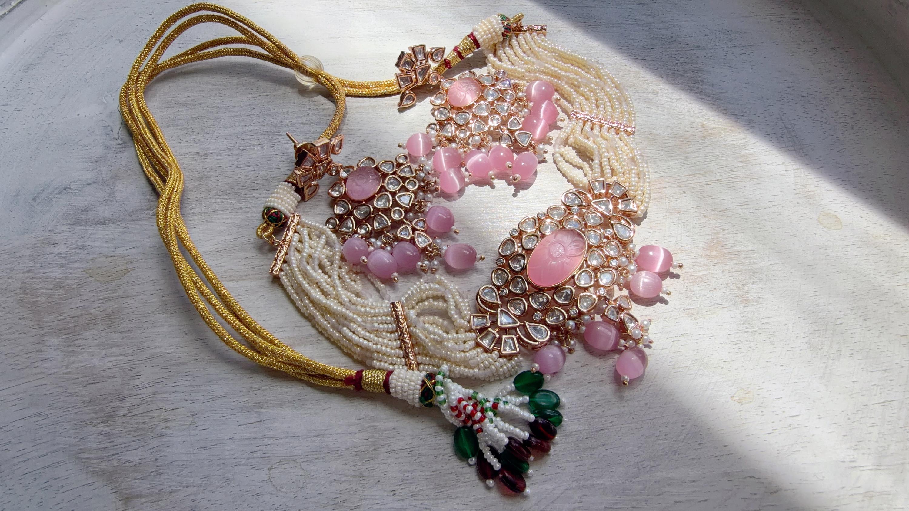 Moissanite Monalisa Turquoise Baby Pink Choker Necklace Set | Kundan Chandbali Bridal Jewelry | Gold Plated Set