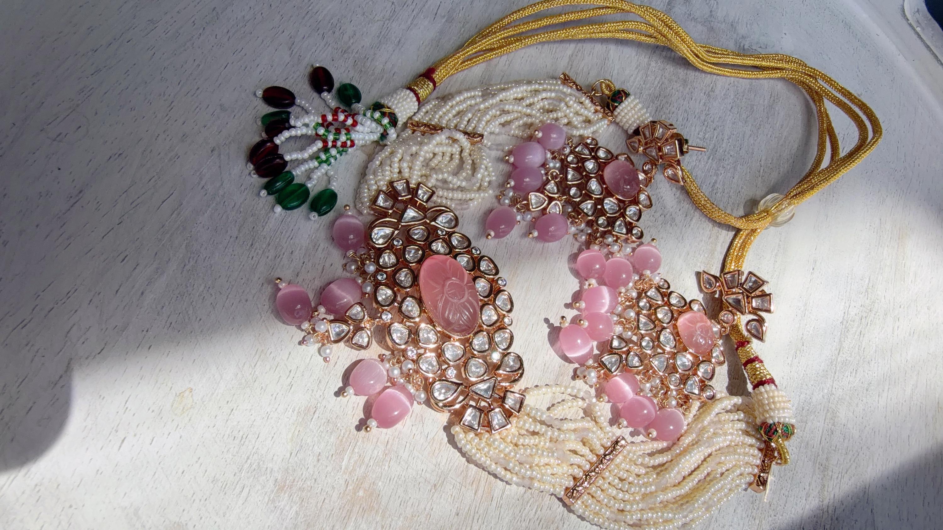 Moissanite Monalisa Turquoise Baby Pink Choker Necklace Set | Kundan Chandbali Bridal Jewelry | Gold Plated Set