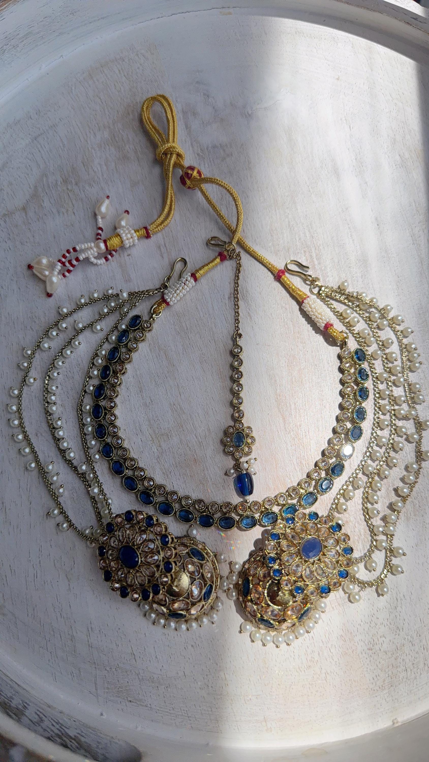 Antique Polki Kundan Blue Necklace Set with Bahubali Jhumka & Maang Tikka | Indian Bridal Jewelry