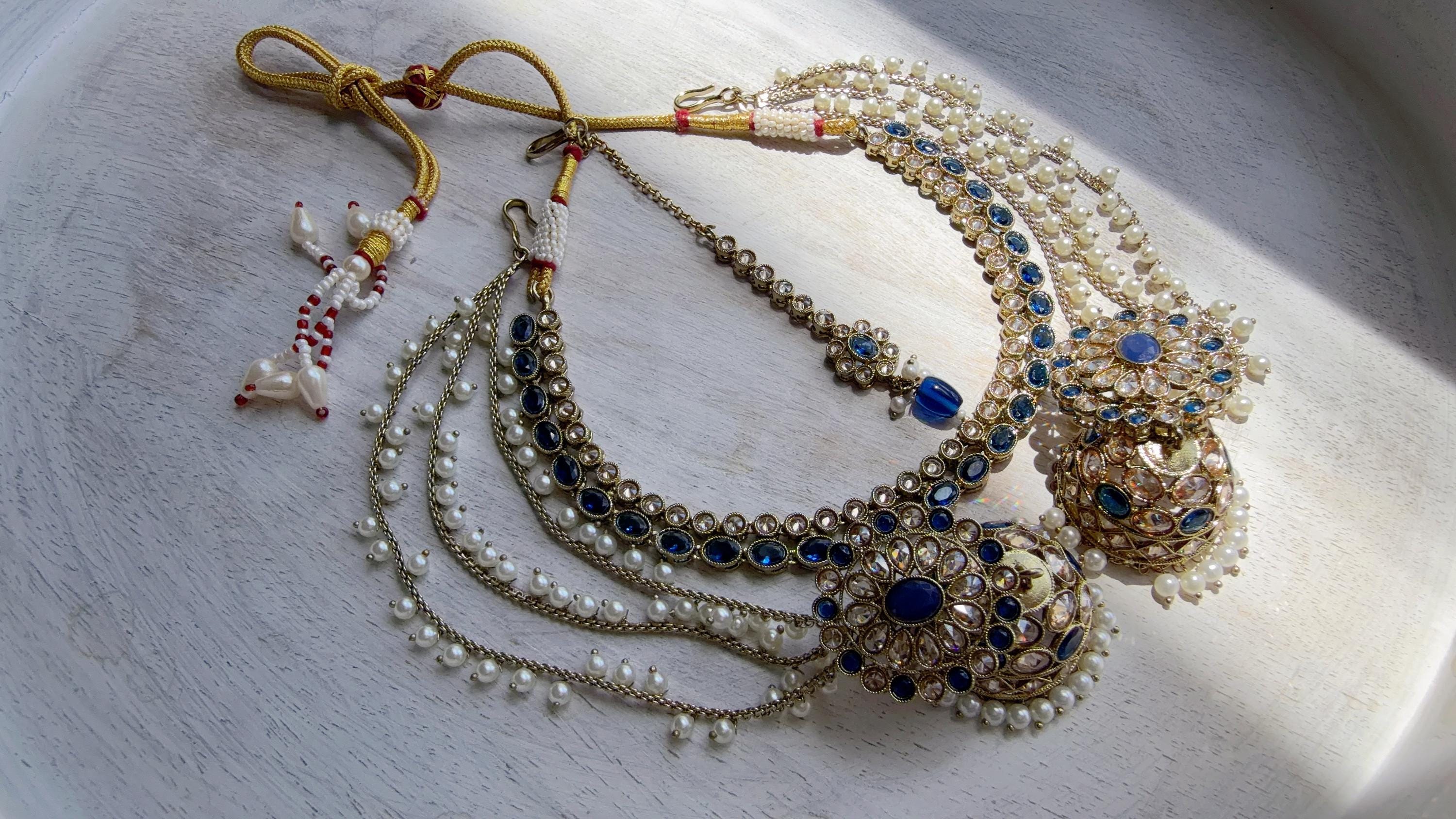 Antique Polki Kundan Blue Necklace Set with Bahubali Jhumka & Maang Tikka | Indian Bridal Jewelry