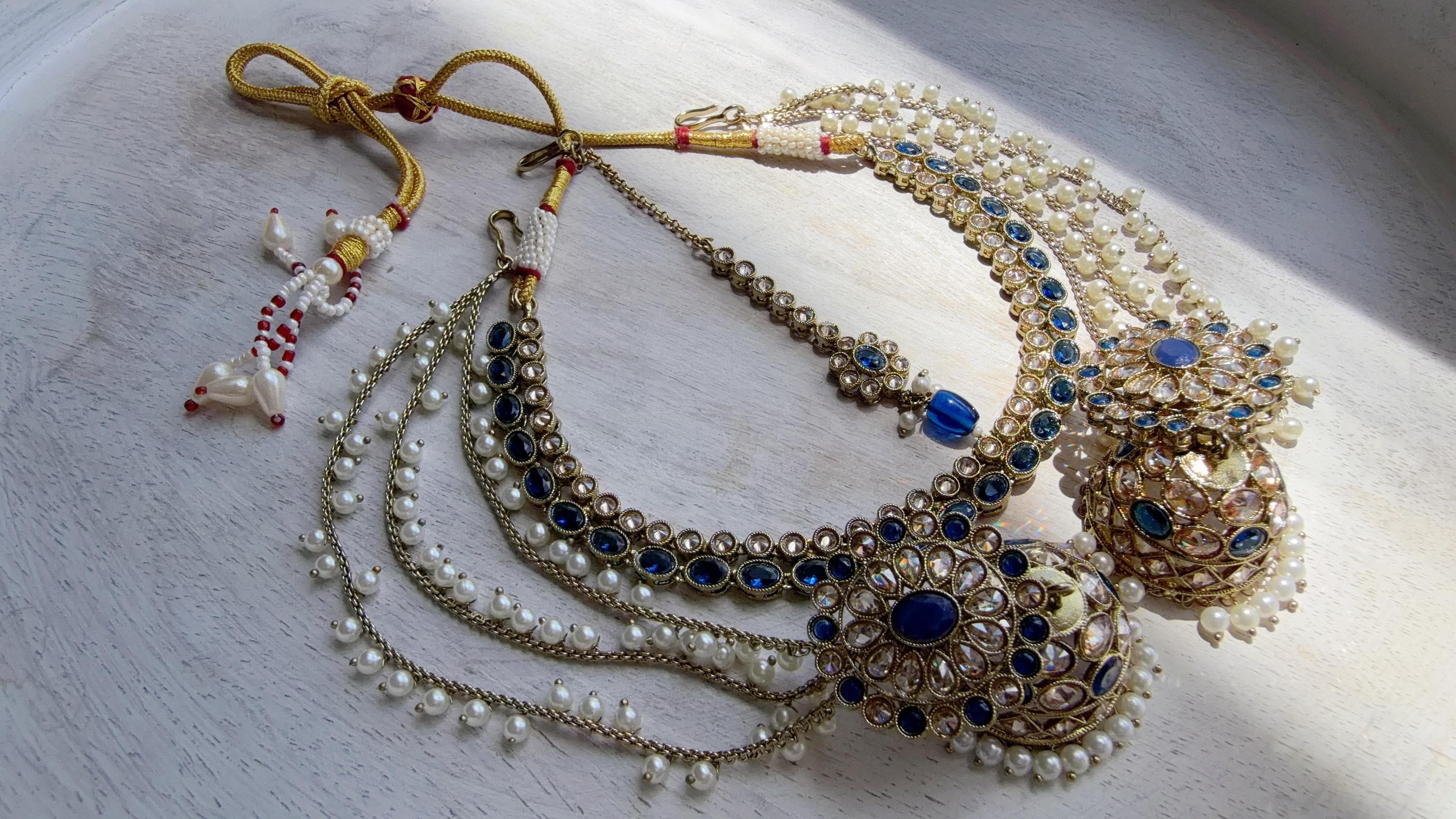 Antique Polki Kundan Blue Necklace Set with Bahubali Jhumka & Maang Tikka | Indian Bridal Jewelry