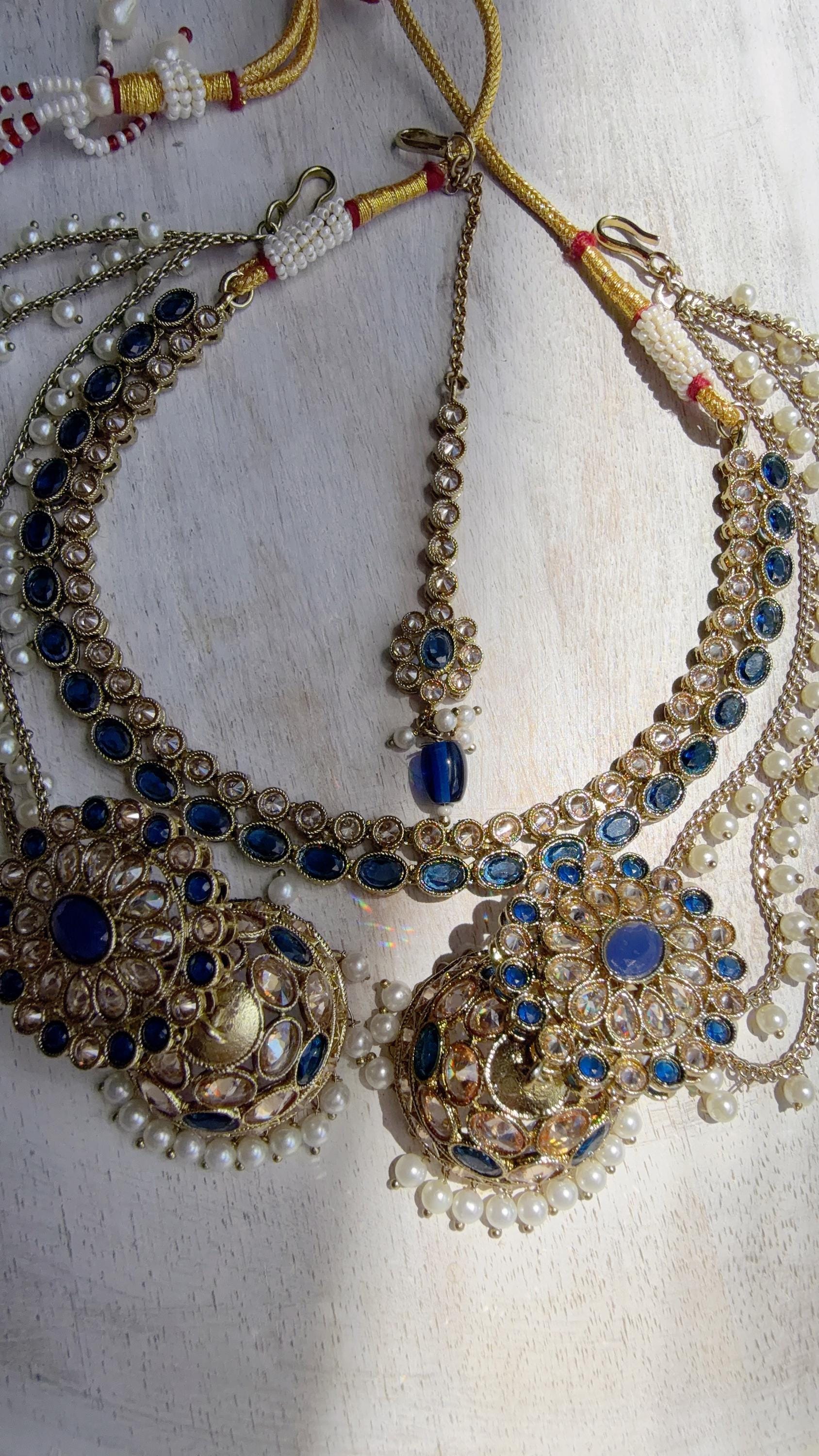 Antique Polki Kundan Blue Necklace Set with Bahubali Jhumka & Maang Tikka | Indian Bridal Jewelry