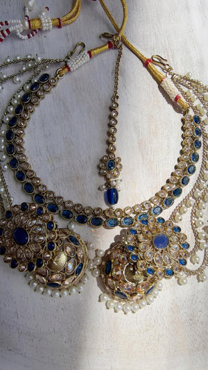 Antique Polki Kundan Blue Necklace Set with Bahubali Jhumka & Maang Tikka | Indian Bridal Jewelry