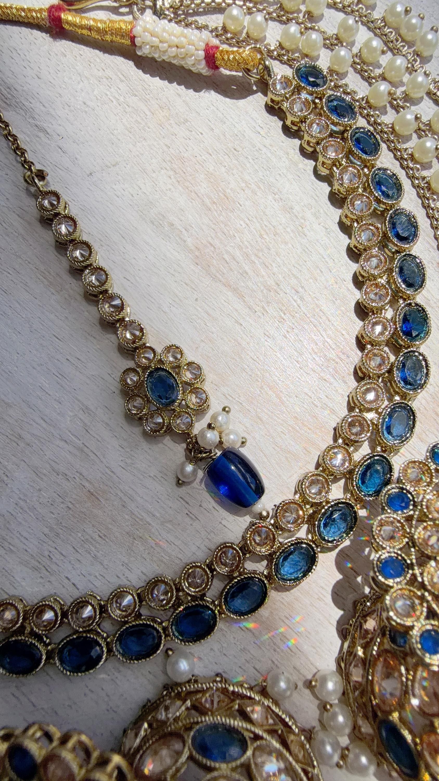 Antique Polki Kundan Blue Necklace Set with Bahubali Jhumka & Maang Tikka | Indian Bridal Jewelry