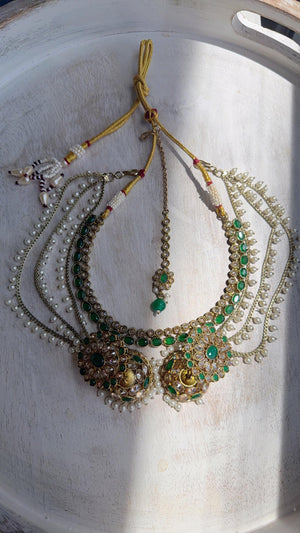 Antique Polki Kundan Green Necklace Set with Bahubali Jhumka & Maang Tikka | Indian Bridal Jewelry