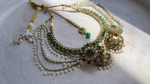 Antique Polki Kundan Green Necklace Set with Bahubali Jhumka & Maang Tikka | Indian Bridal Jewelry