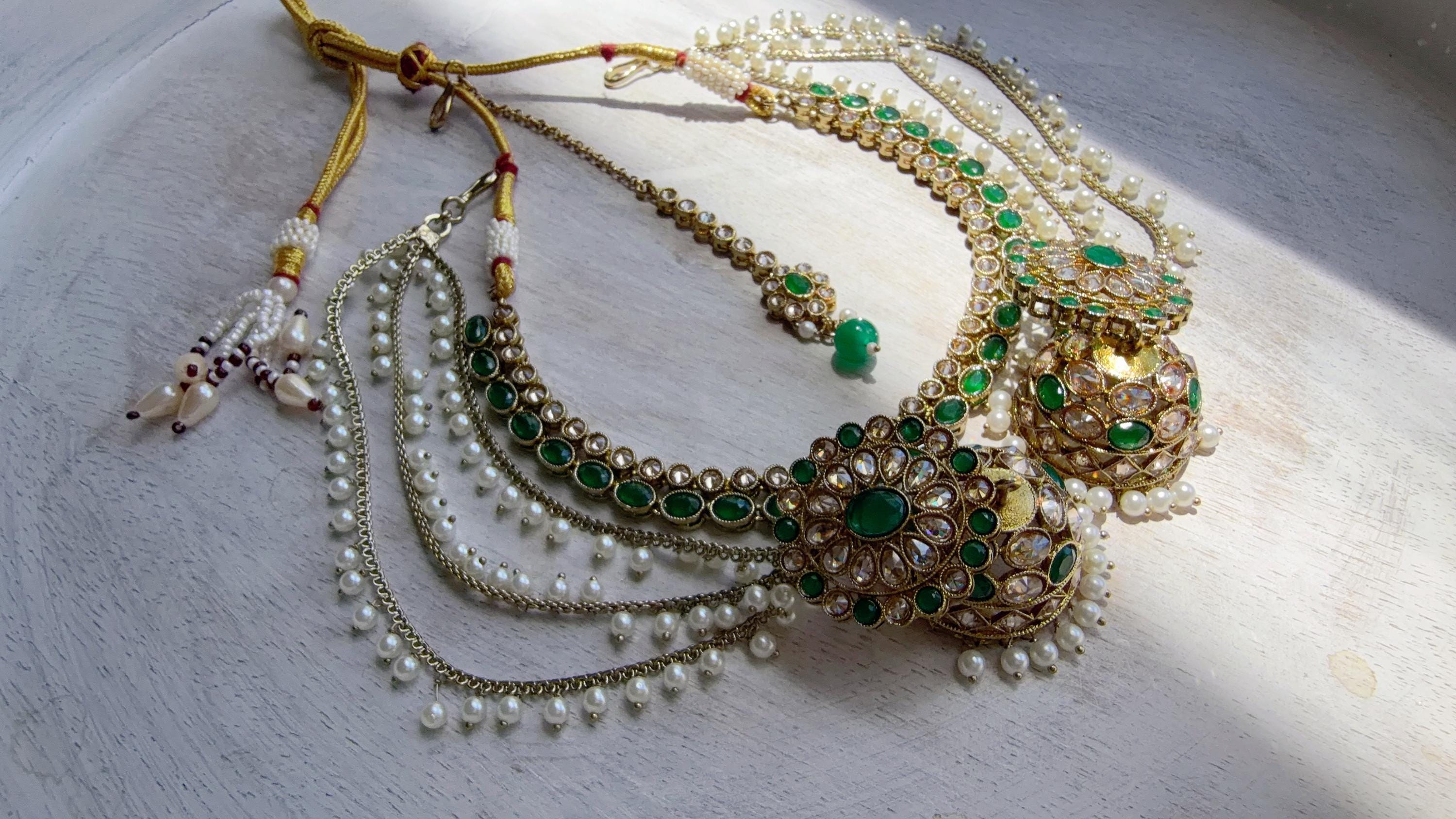 Antique Polki Kundan Green Necklace Set with Bahubali Jhumka & Maang Tikka | Indian Bridal Jewelry