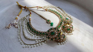 Antique Polki Kundan Green Necklace Set with Bahubali Jhumka & Maang Tikka | Indian Bridal Jewelry