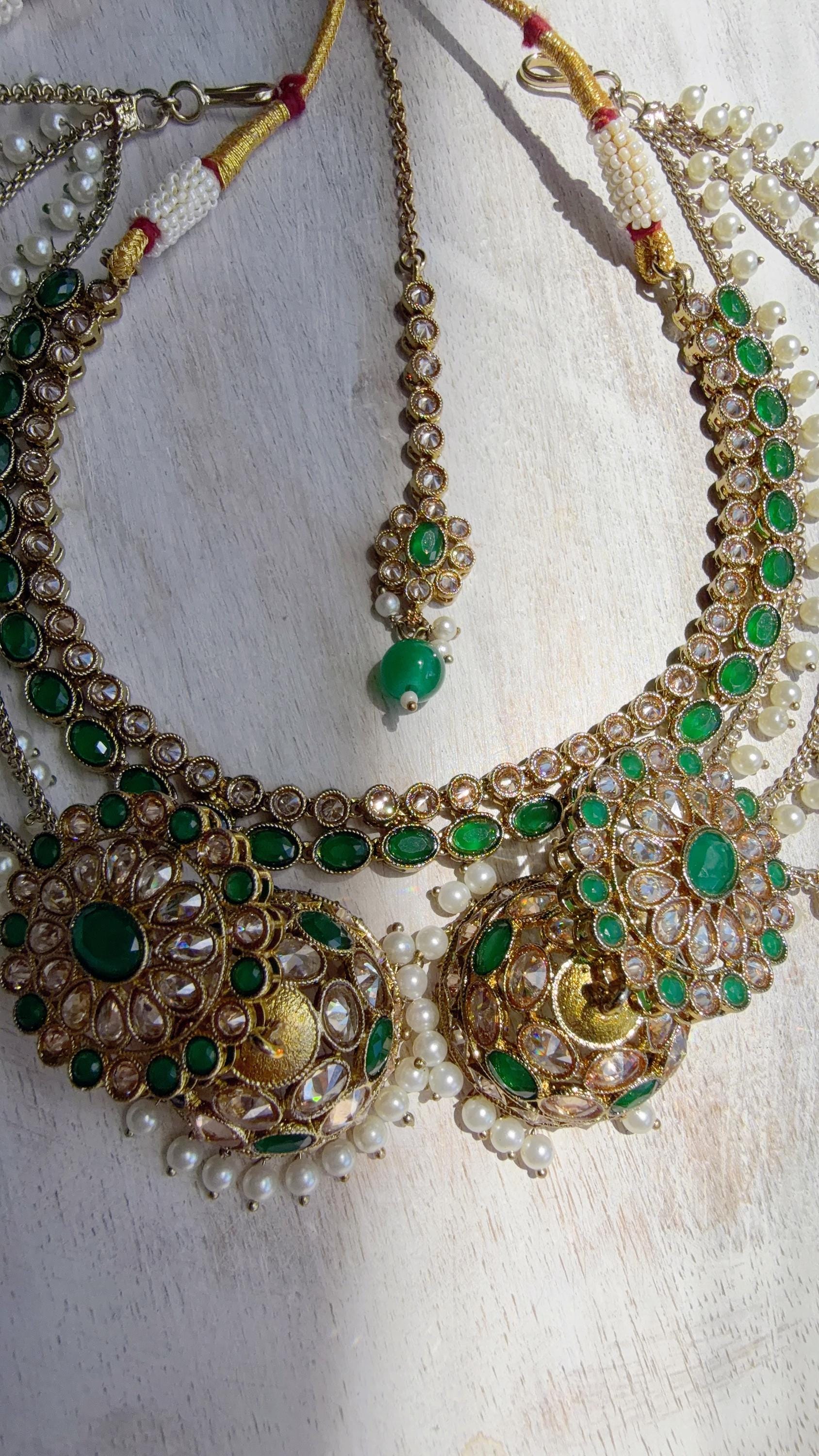 Antique Polki Kundan Green Necklace Set with Bahubali Jhumka & Maang Tikka | Indian Bridal Jewelry