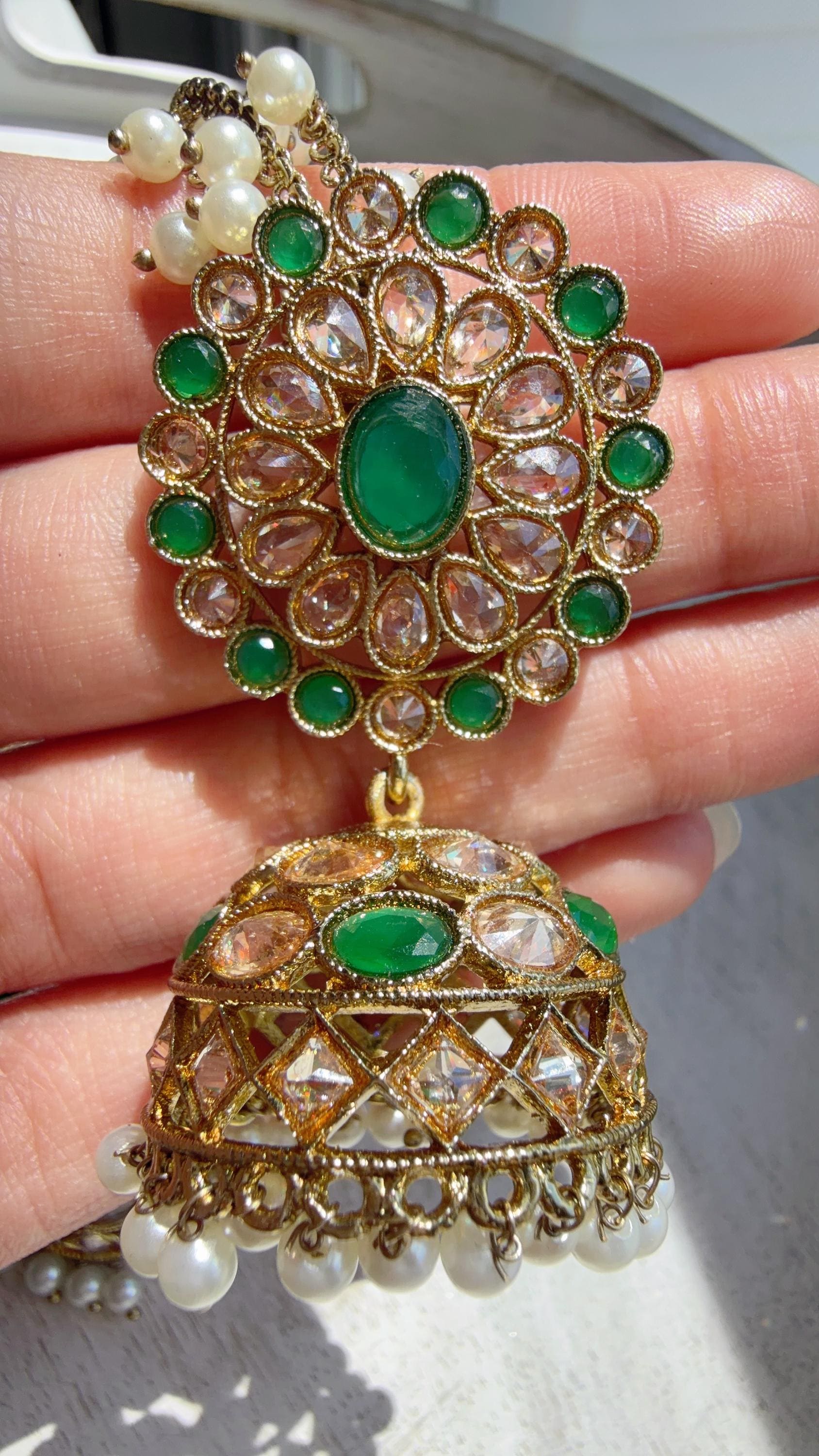 Antique Polki Kundan Green Necklace Set with Bahubali Jhumka & Maang Tikka | Indian Bridal Jewelry