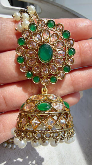 Antique Polki Kundan Green Necklace Set with Bahubali Jhumka & Maang Tikka | Indian Bridal Jewelry
