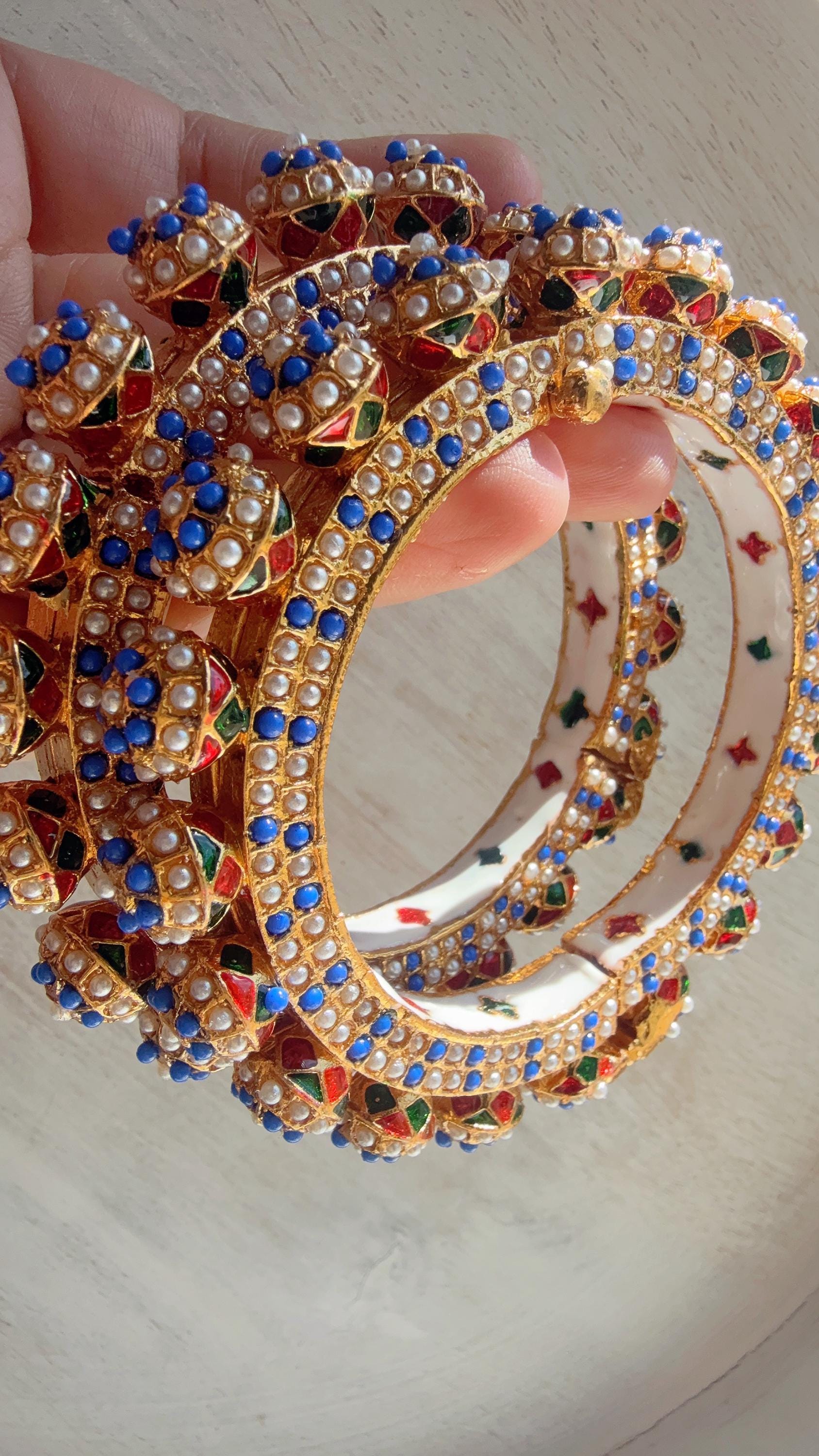 Blue Pearl Rajwadi Pachali Kada Pair | Gold Kundan Bridal Bangles | Emerald Jadau Rajwadi Kada | Indian Wedding Jewelry | Sold as Pair
